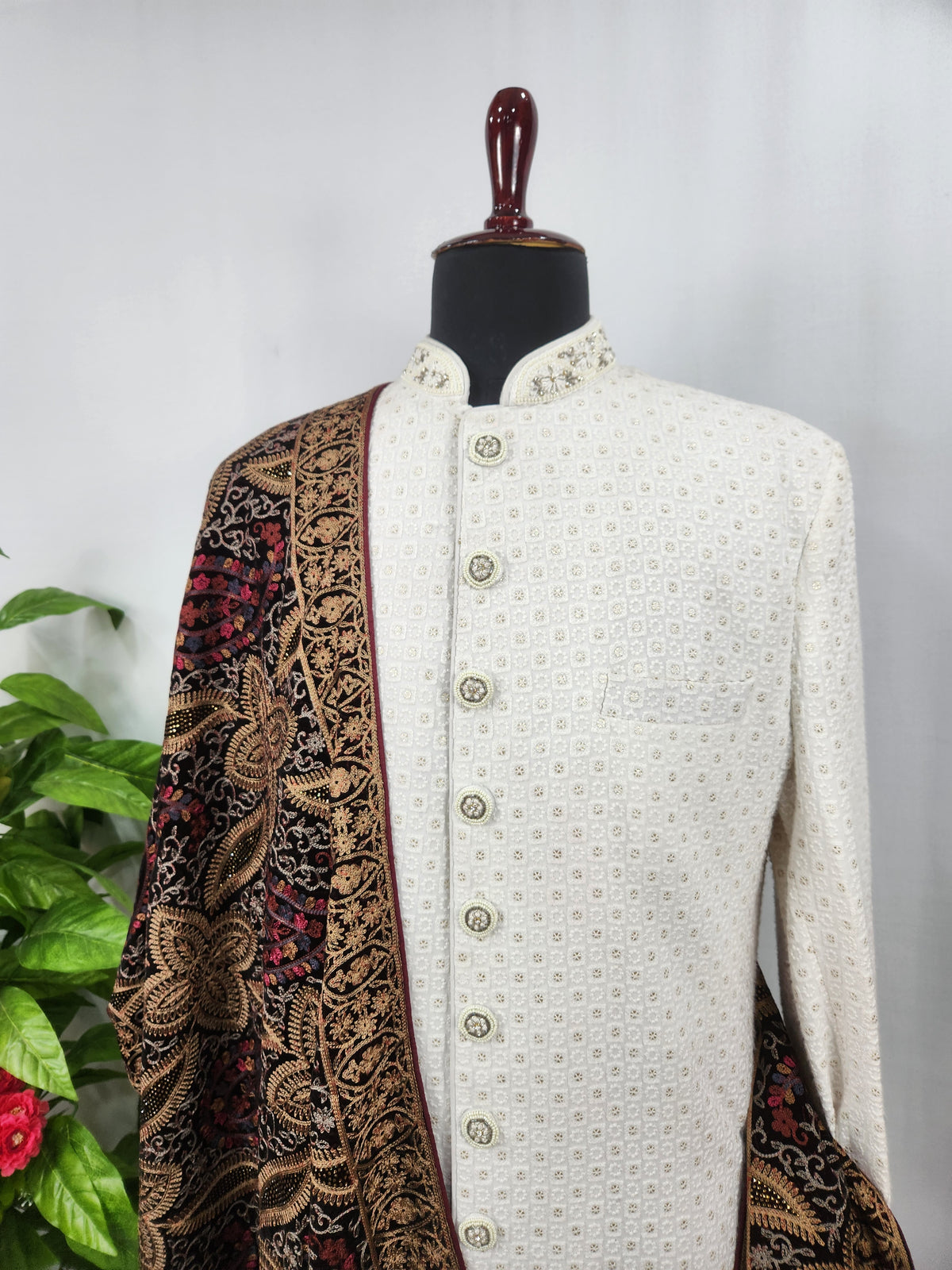 Maroon Groom Shawl - Multi Color Embroidery | Stole For Men