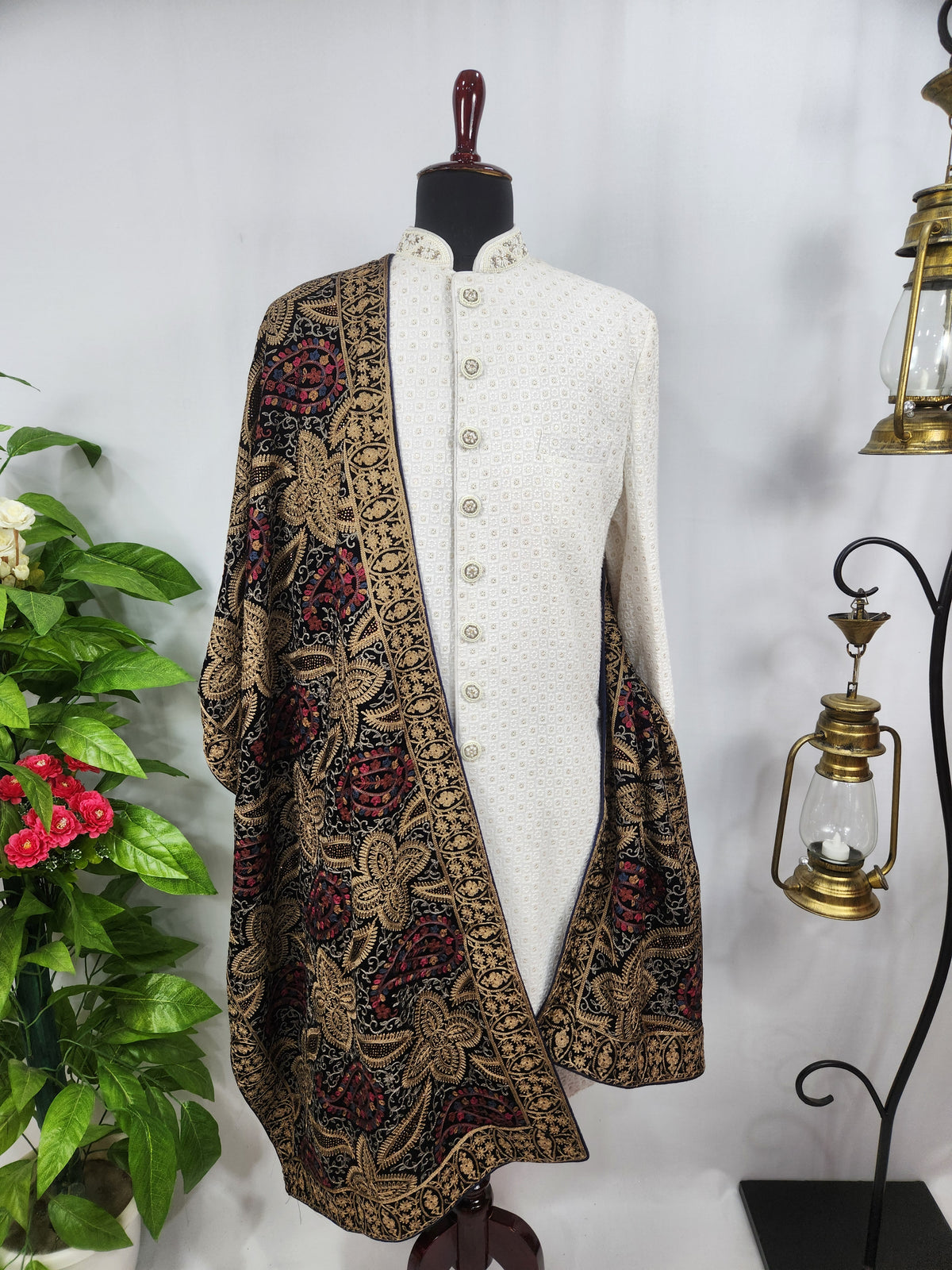 Blue Groom Stole - Multi Color Embroidery Work | Shawl For Men
