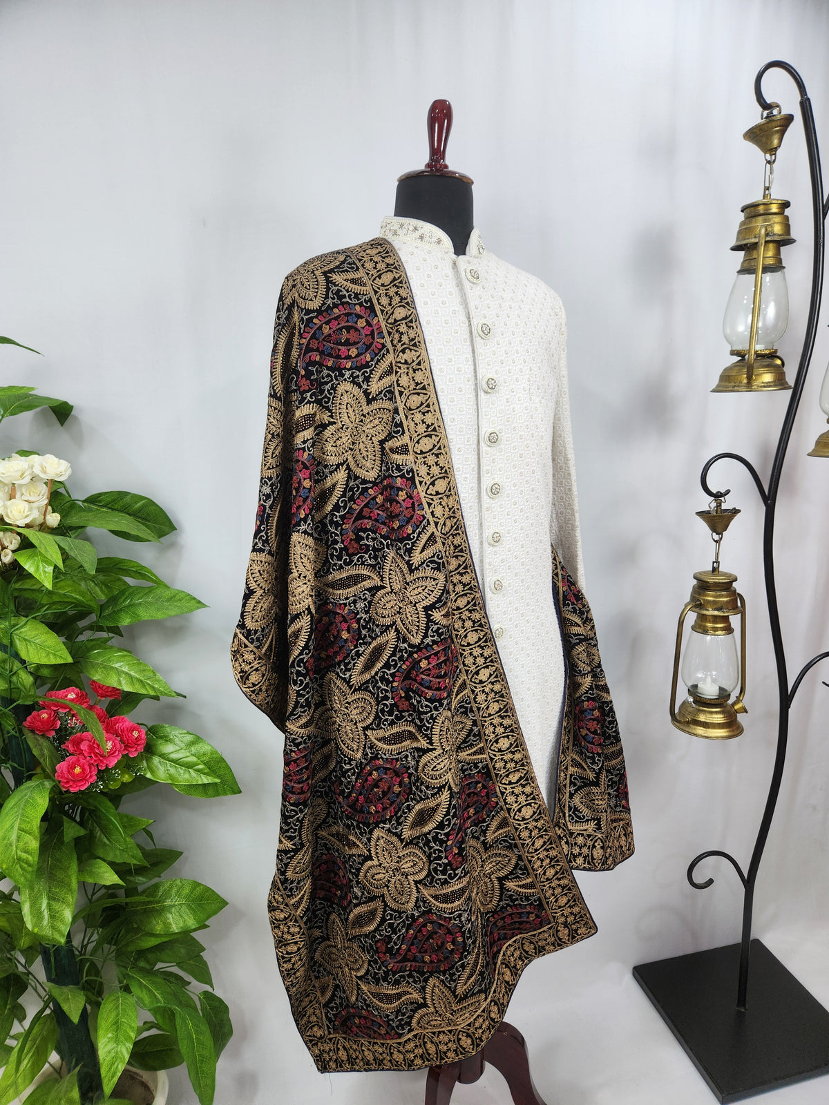 Blue Groom Stole - Multi Color Embroidery Work | Shawl For Men