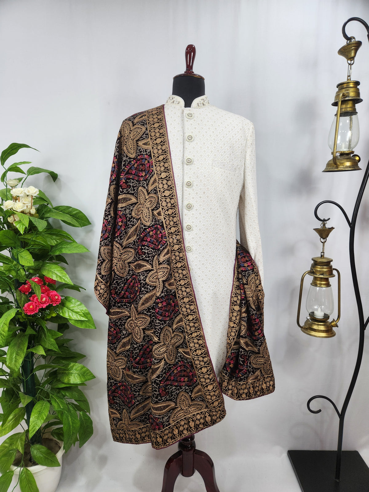 Maroon Groom Shawl - Multi Color Embroidery | Stole For Men