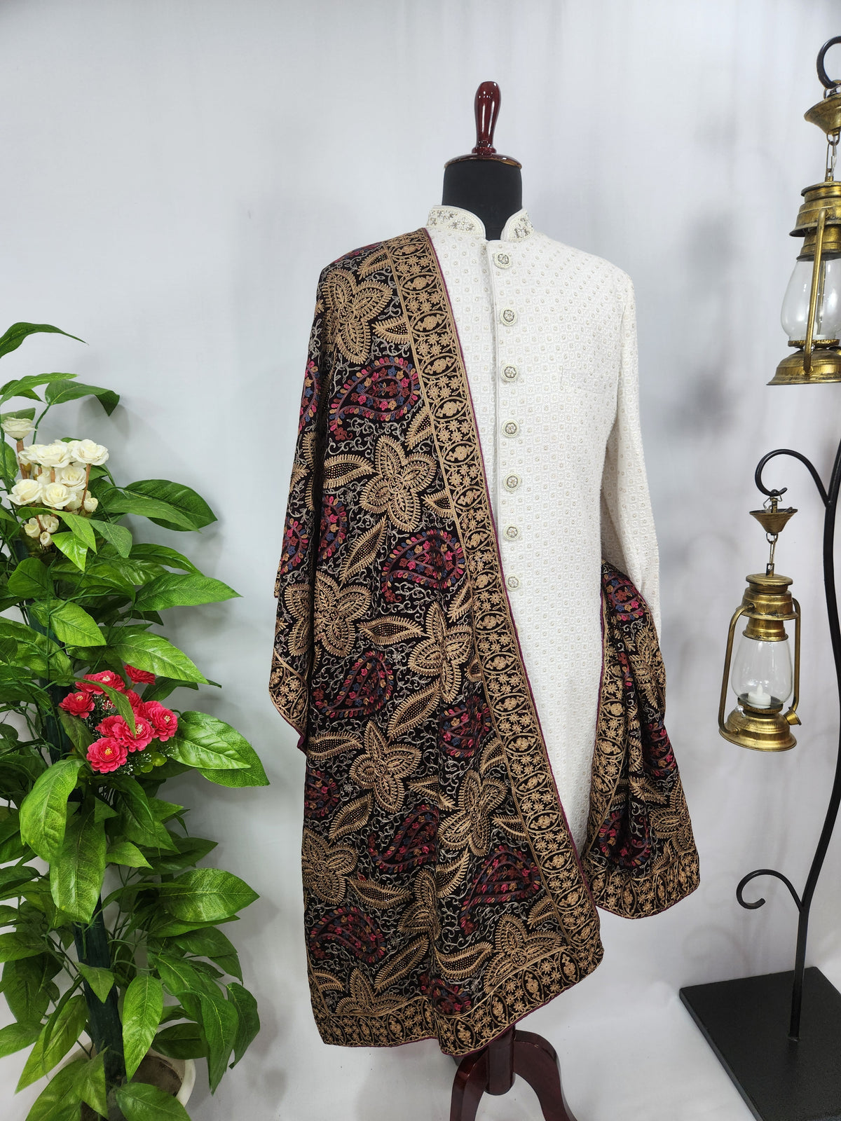 Maroon Groom Shawl - Multi Color Embroidery | Stole For Men