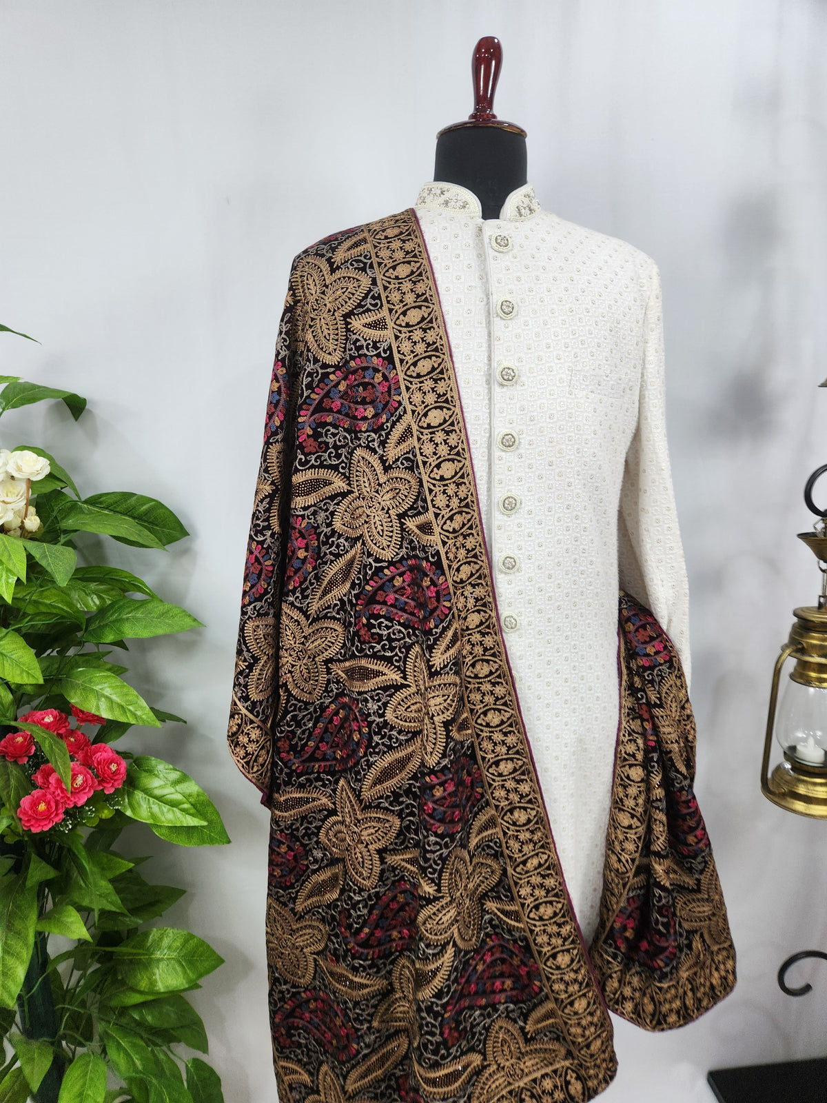 Maroon Groom Shawl - Multi Color Embroidery | Stole For Men