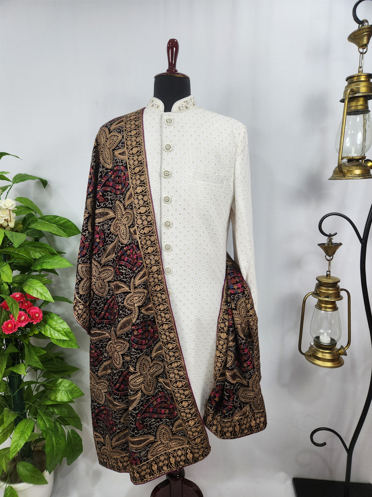 Maroon Groom Shawl - Multi Color Embroidery | Stole For Men