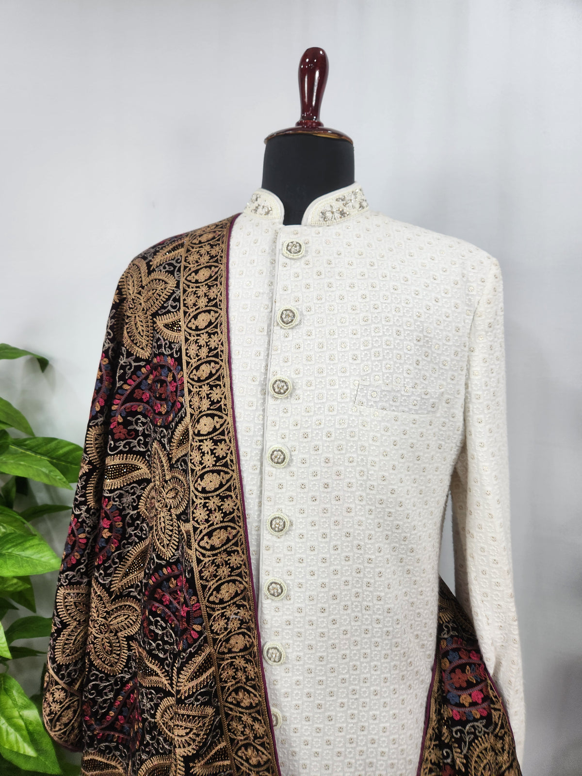 Maroon Groom Shawl - Multi Color Embroidery | Stole For Men