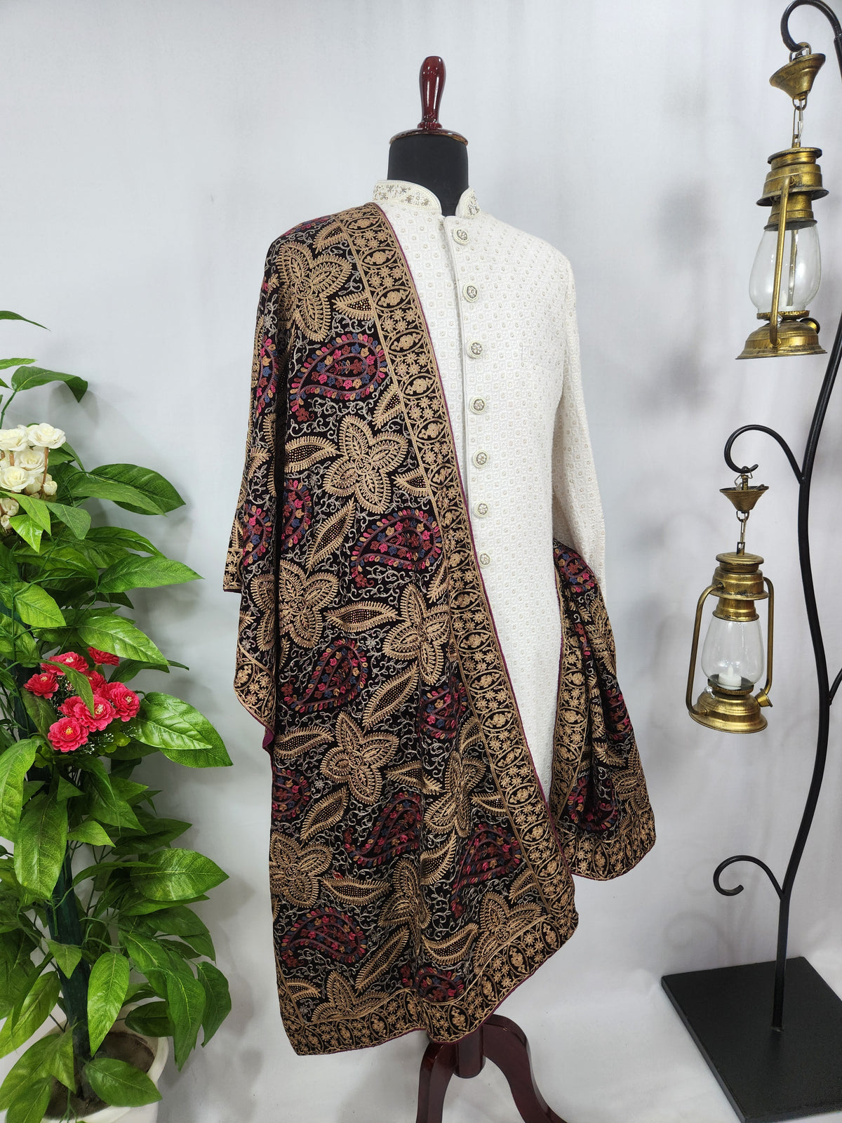 Maroon Groom Shawl - Multi Color Embroidery | Stole For Men