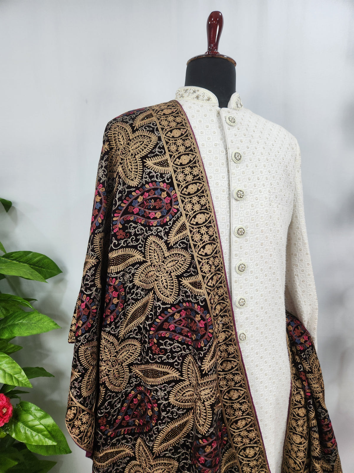Maroon Groom Shawl - Multi Color Embroidery | Stole For Men