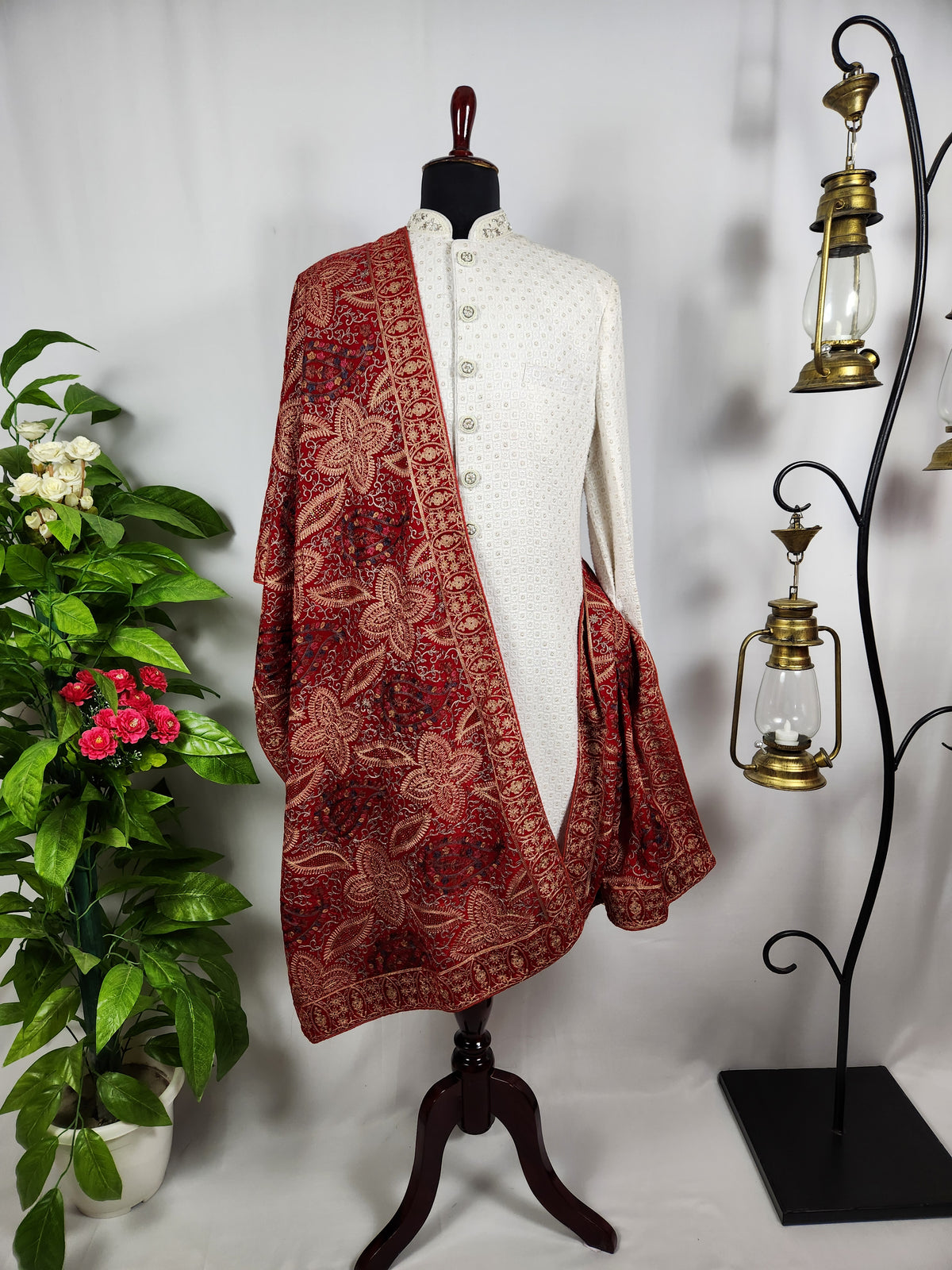 Red Groom Shawl - Multi Color Embroidery | Shawl For Men