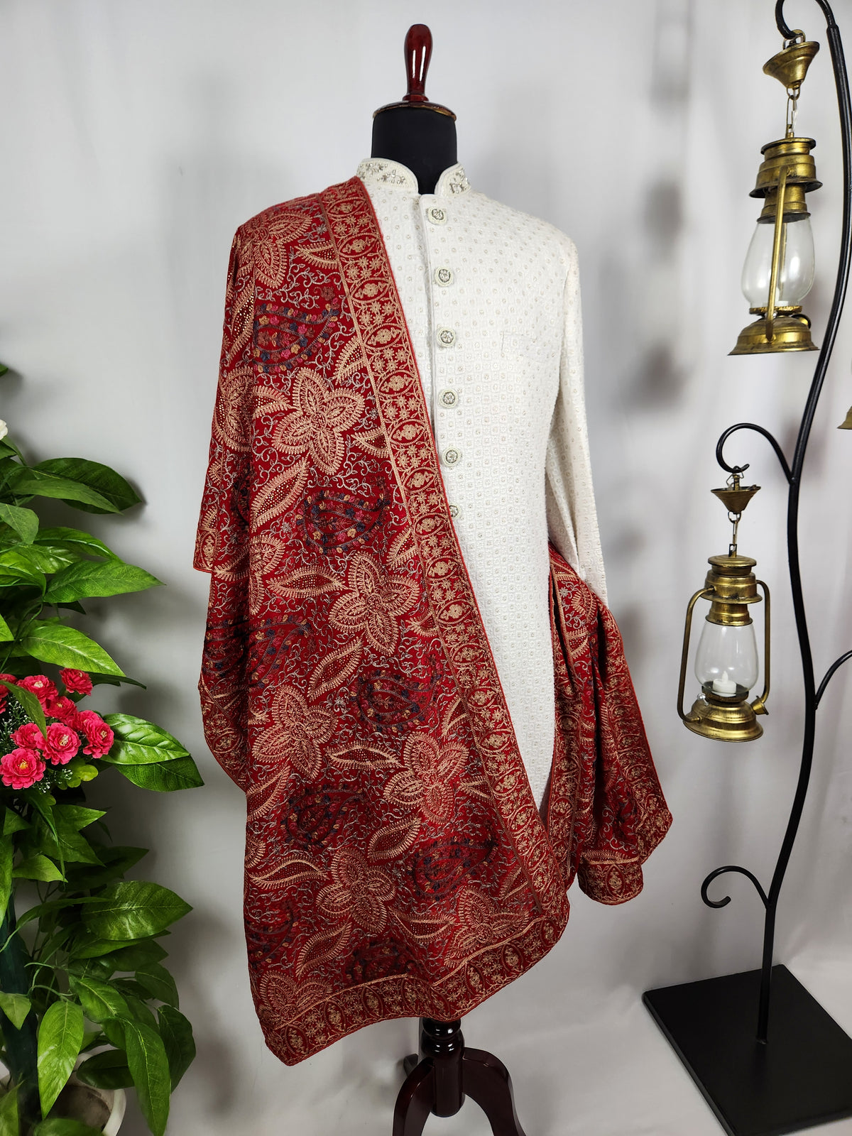 Red Groom Shawl - Multi Color Embroidery | Shawl For Men