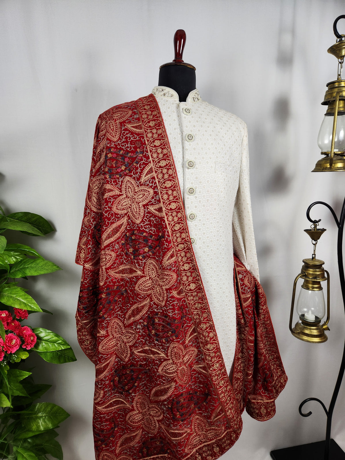 Red Groom Shawl - Multi Color Embroidery | Shawl For Men