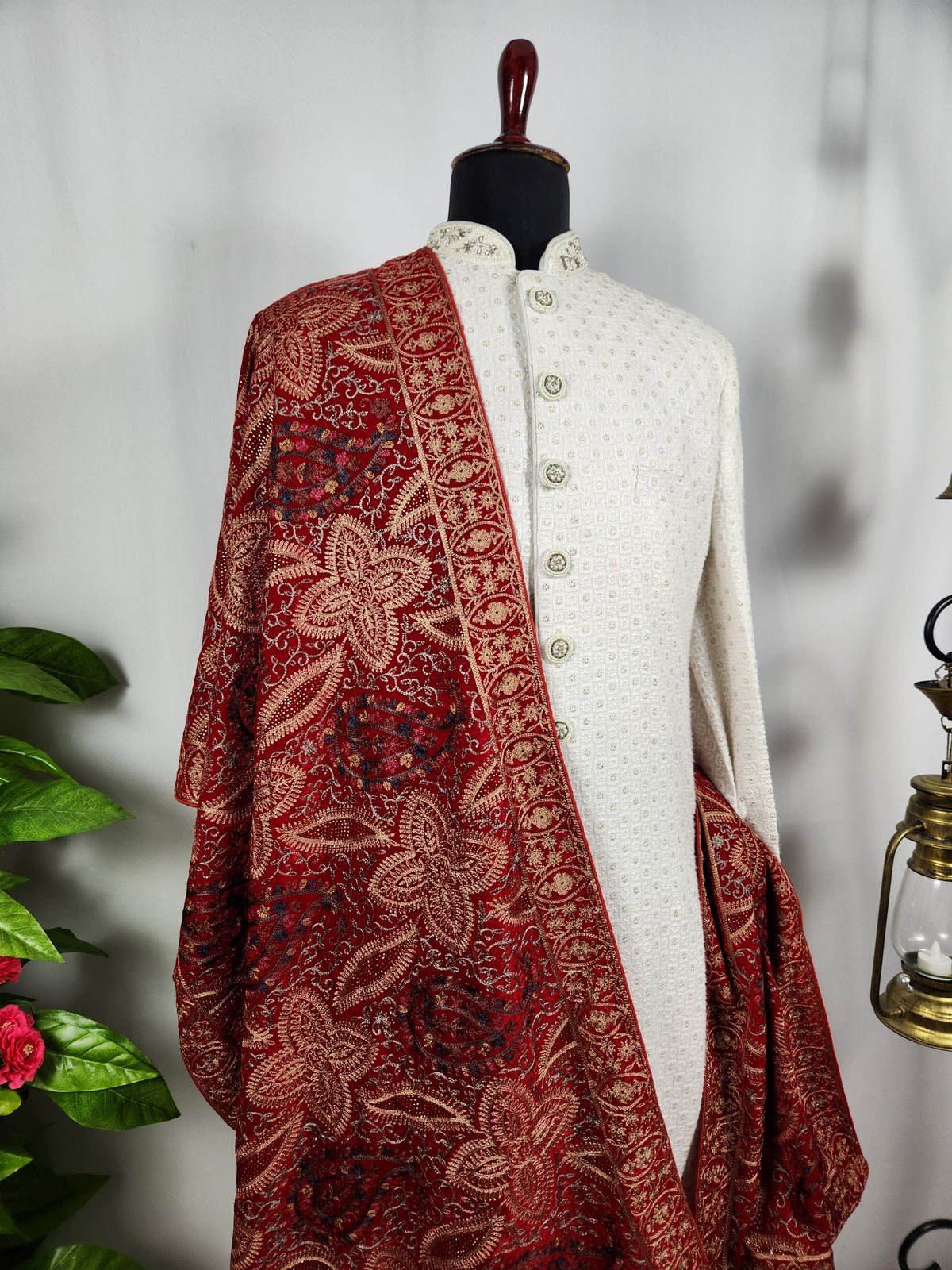 Red Groom Shawl - Multi Color Embroidery | Shawl For Men