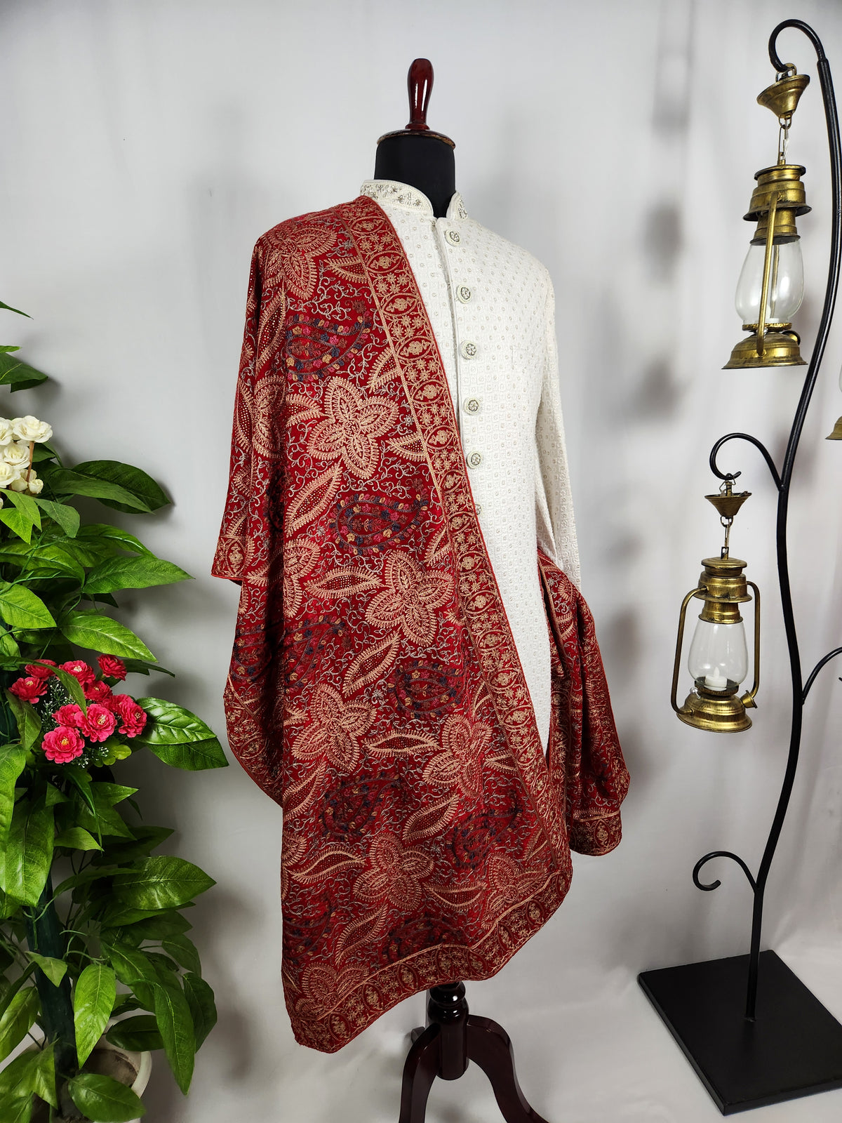 Red Groom Shawl - Multi Color Embroidery | Shawl For Men