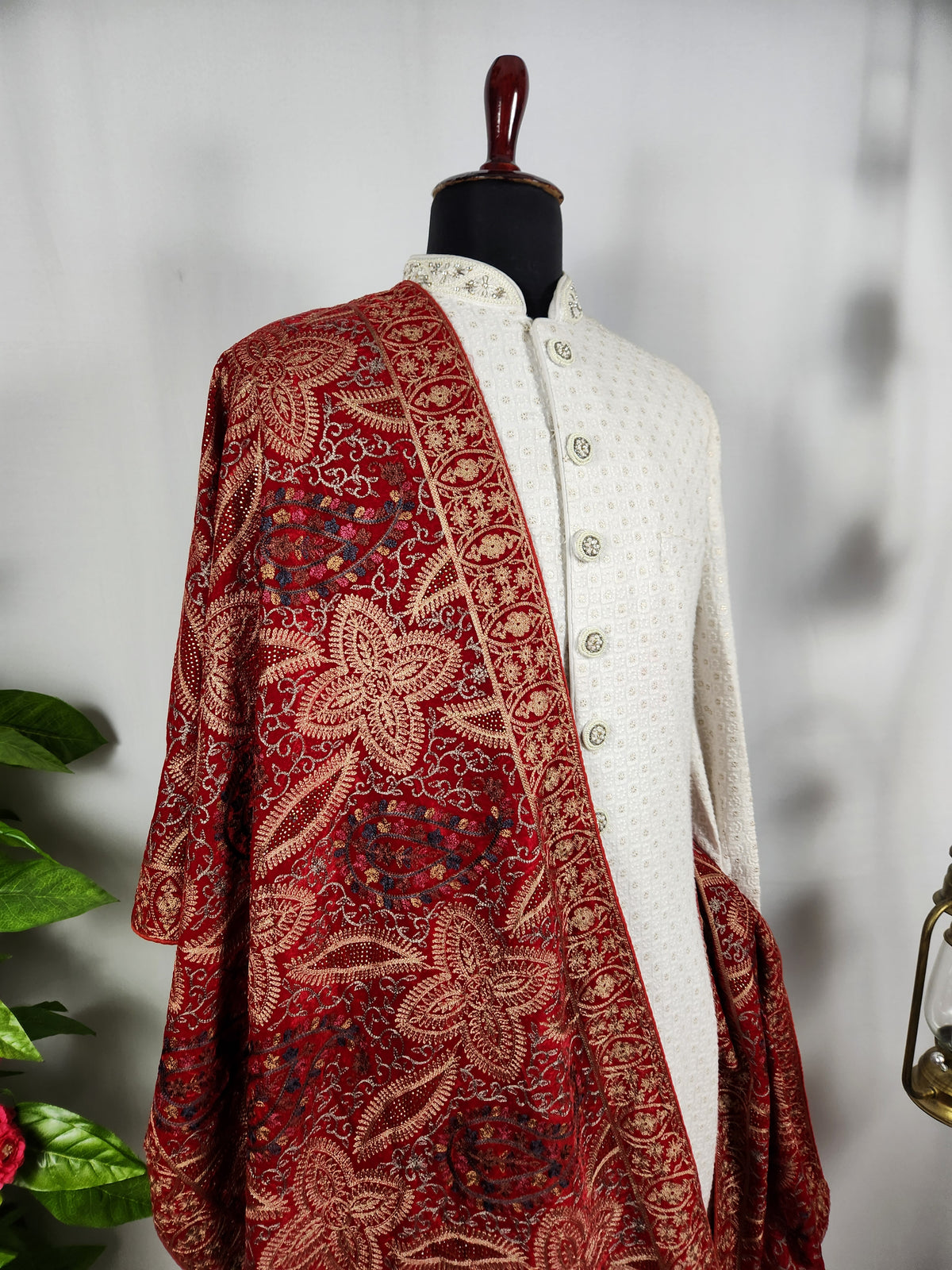 Red Groom Shawl - Multi Color Embroidery | Shawl For Men