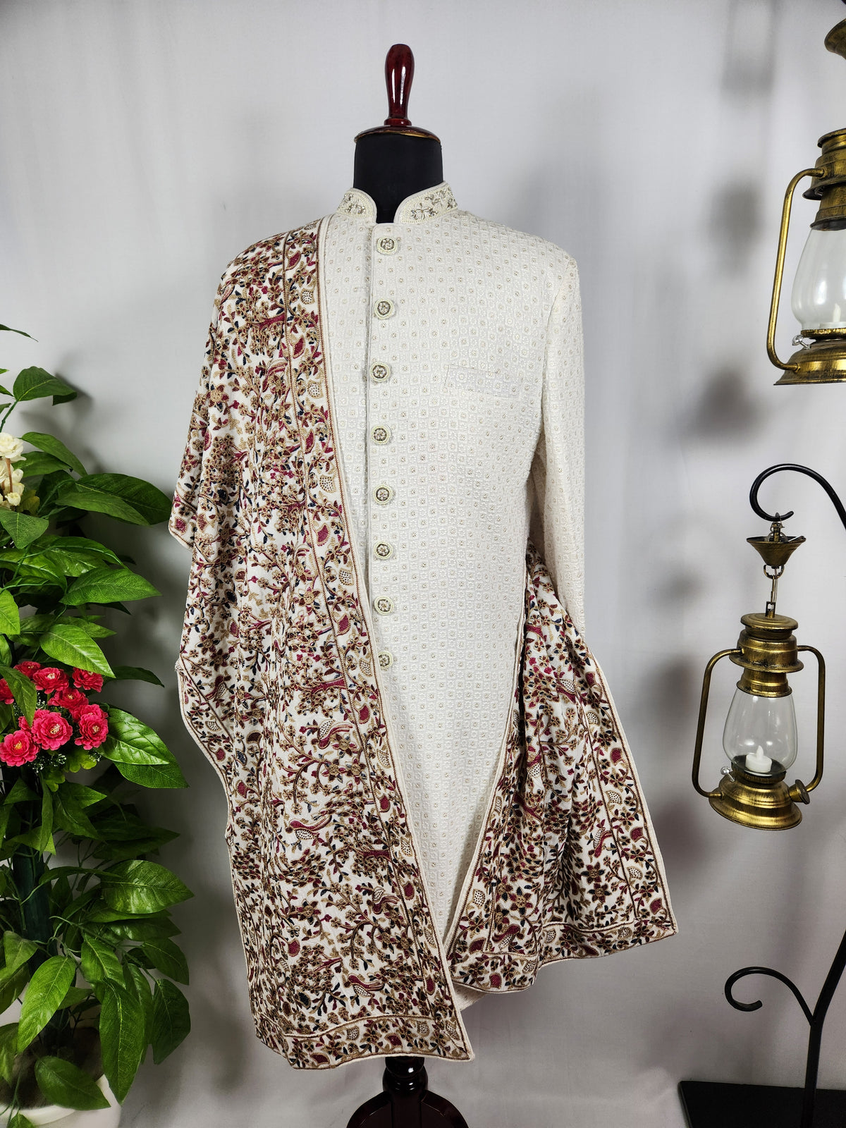 White Groom Stole - Gold Printed | Shawl For Men