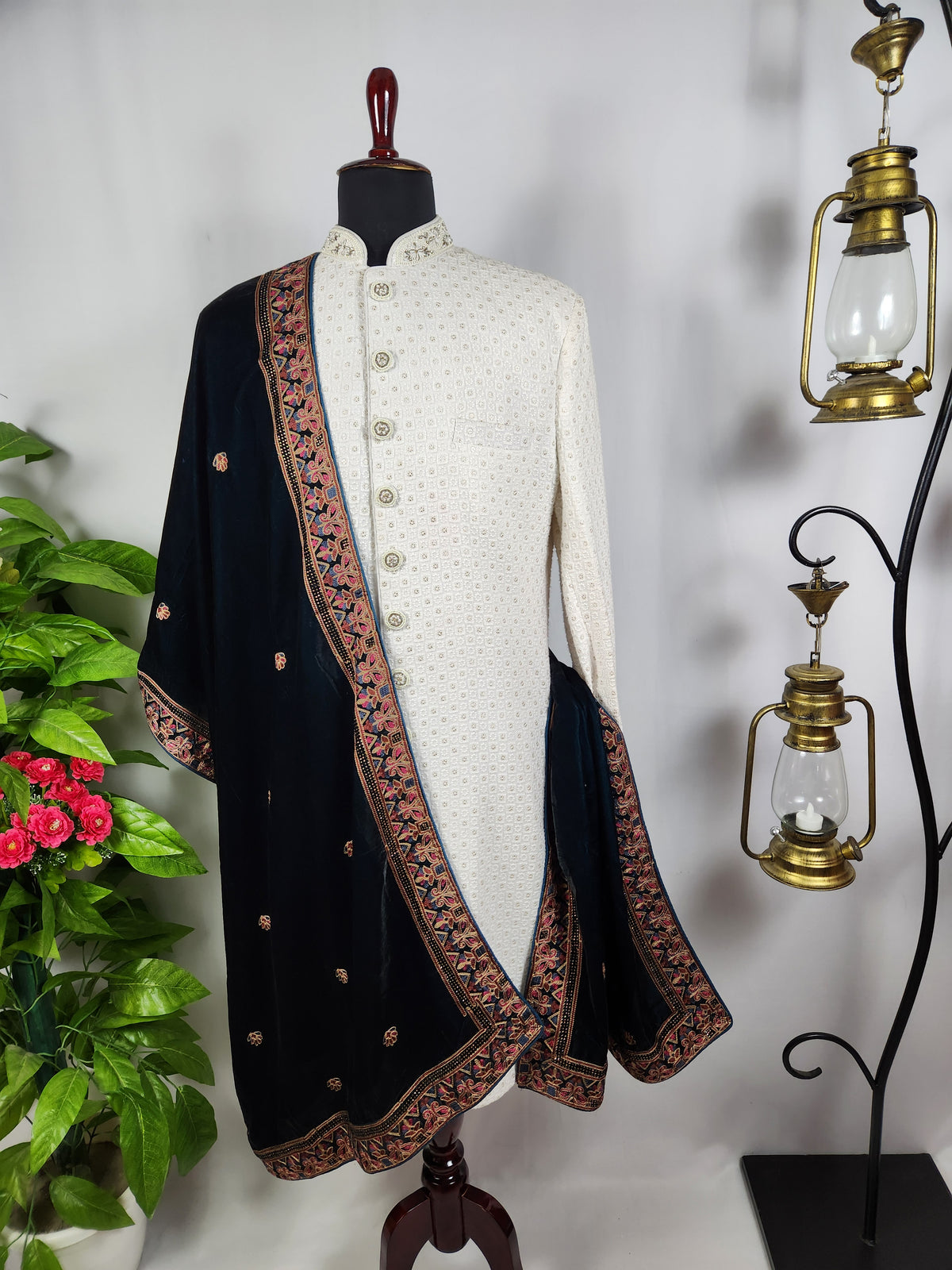 Turquoise Groom Stole - Multi Color Embroidery | Shawl For Men