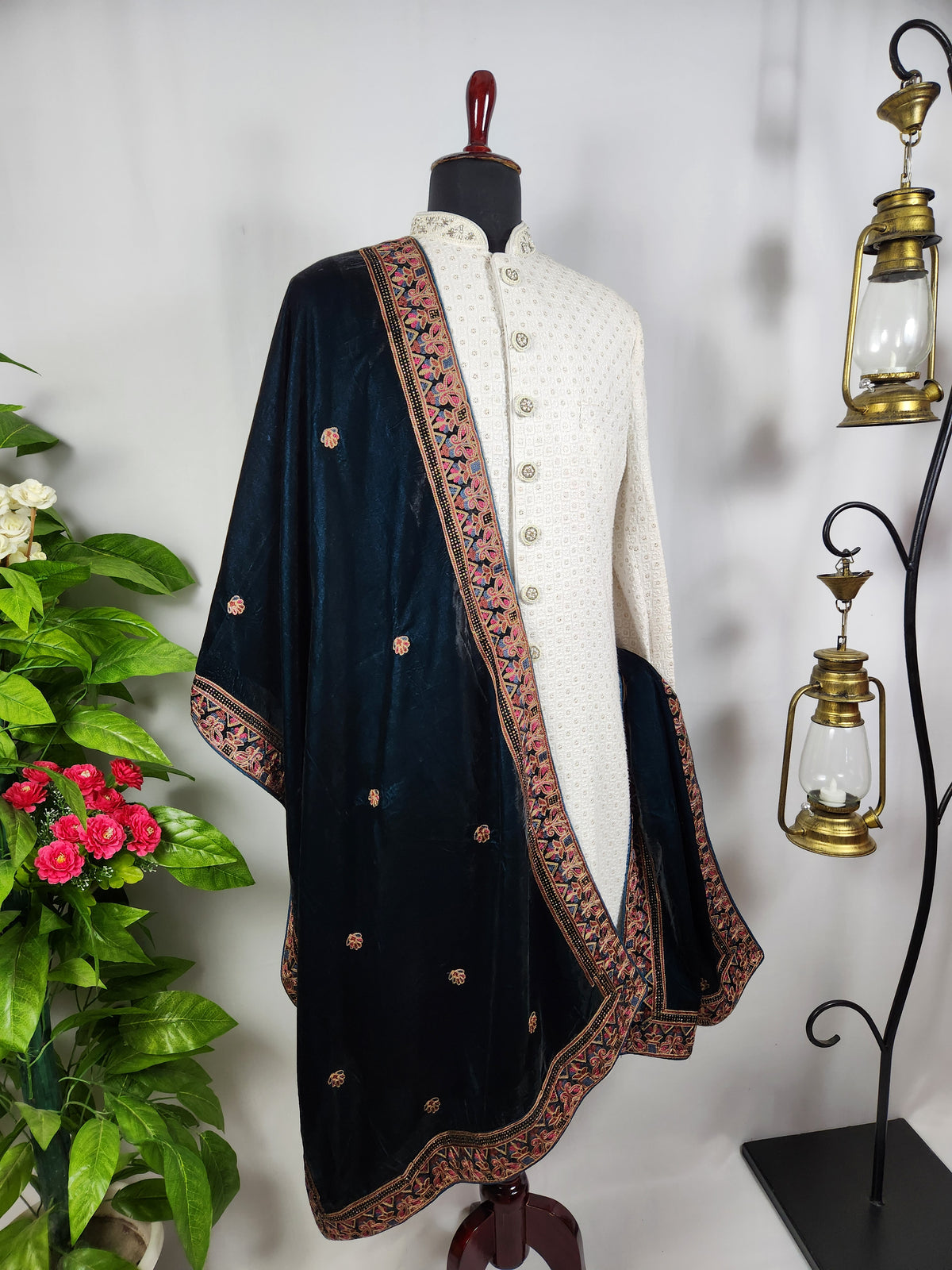 Turquoise Groom Stole - Multi Color Embroidery | Shawl For Men