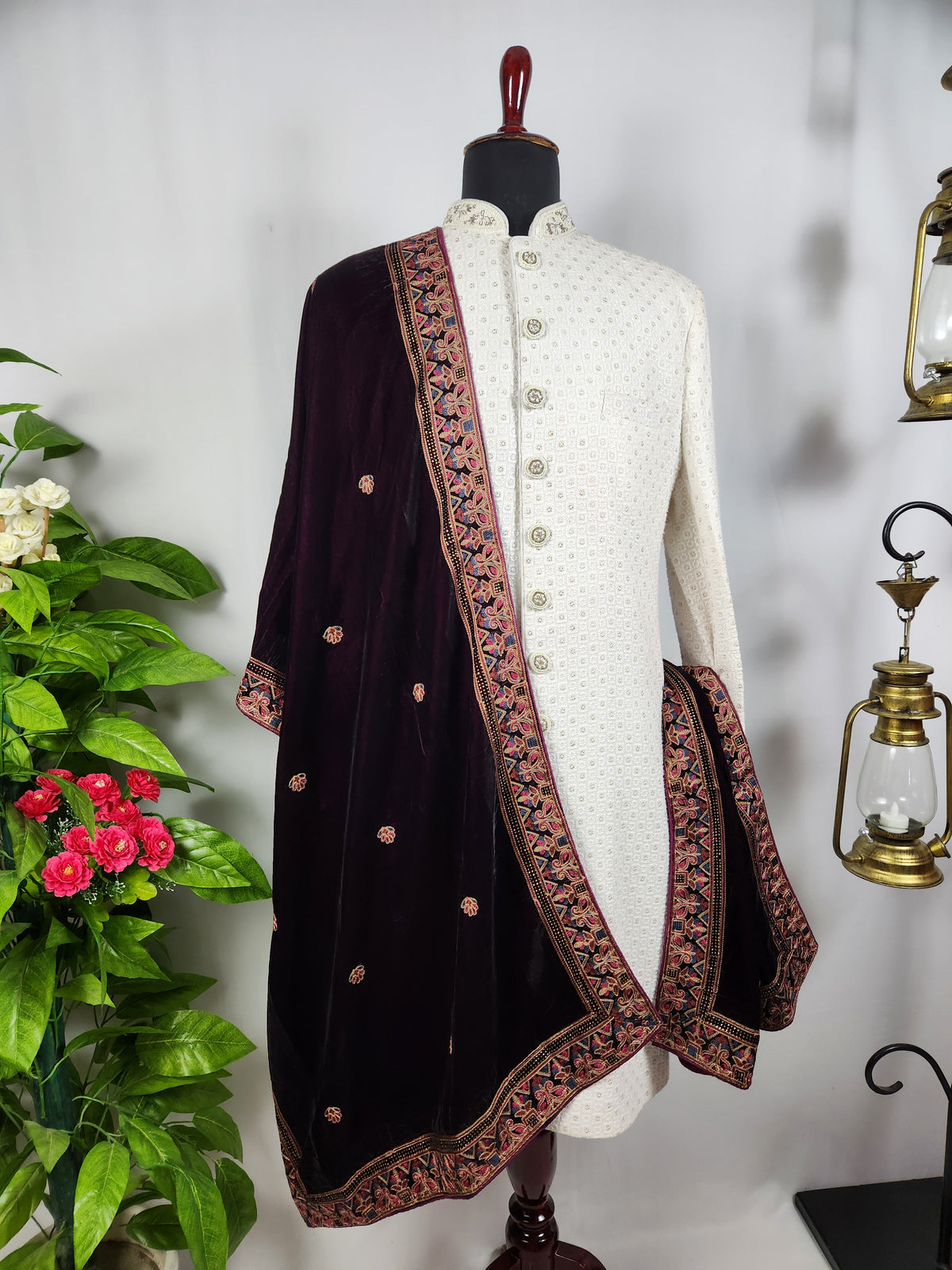 Purple Shawl Groom - Multi Color Embroidery Stole
