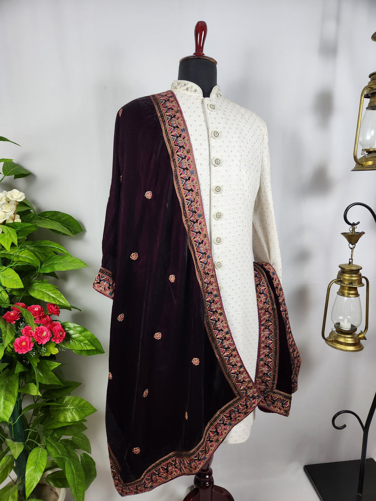 Purple Shawl Groom - Multi Color Embroidery Stole