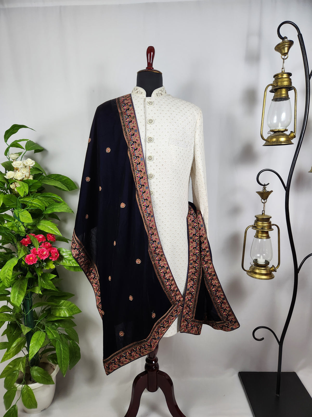 Blue Groom Stole - Multi Color Embroidery Work | Shawl For Men