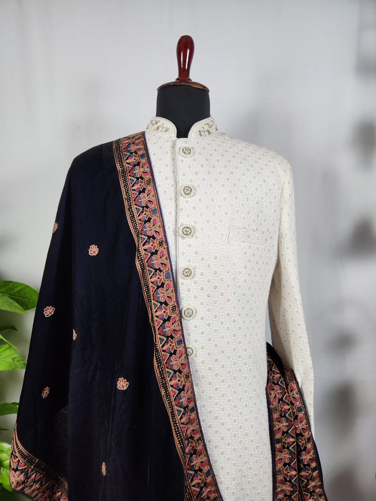 Blue Groom Stole - Multi Color Embroidery Work | Shawl For Men
