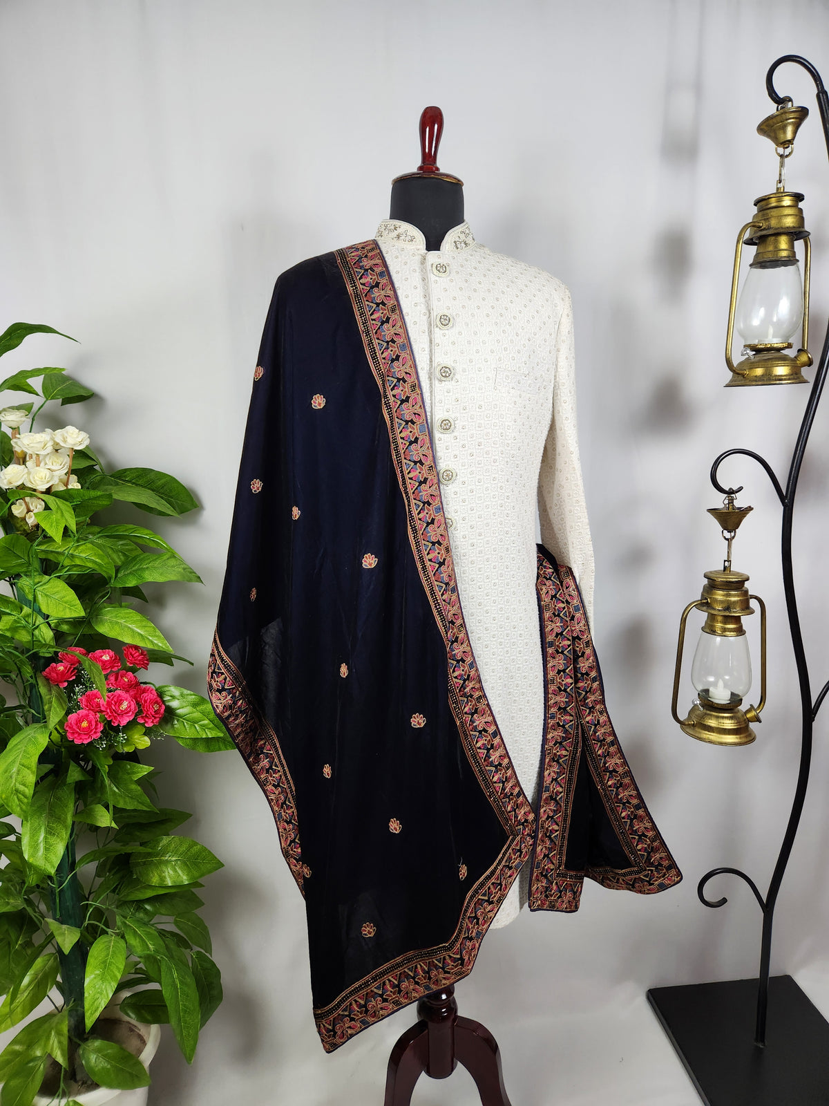 Blue Groom Stole - Multi Color Embroidery Work | Shawl For Men