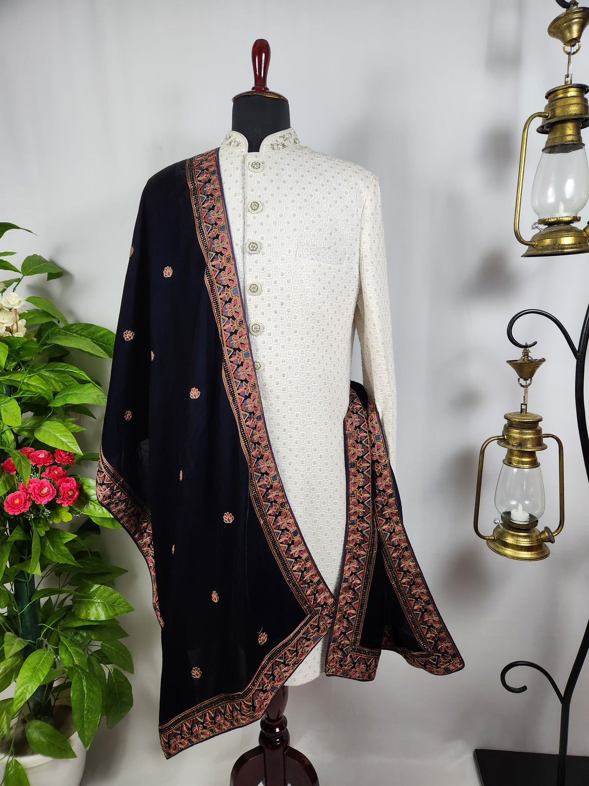 Blue Groom Stole - Multi Color Embroidery Work | Shawl For Men