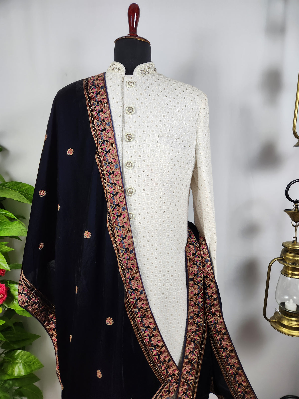 Blue Groom Stole - Multi Color Embroidery Work | Shawl For Men
