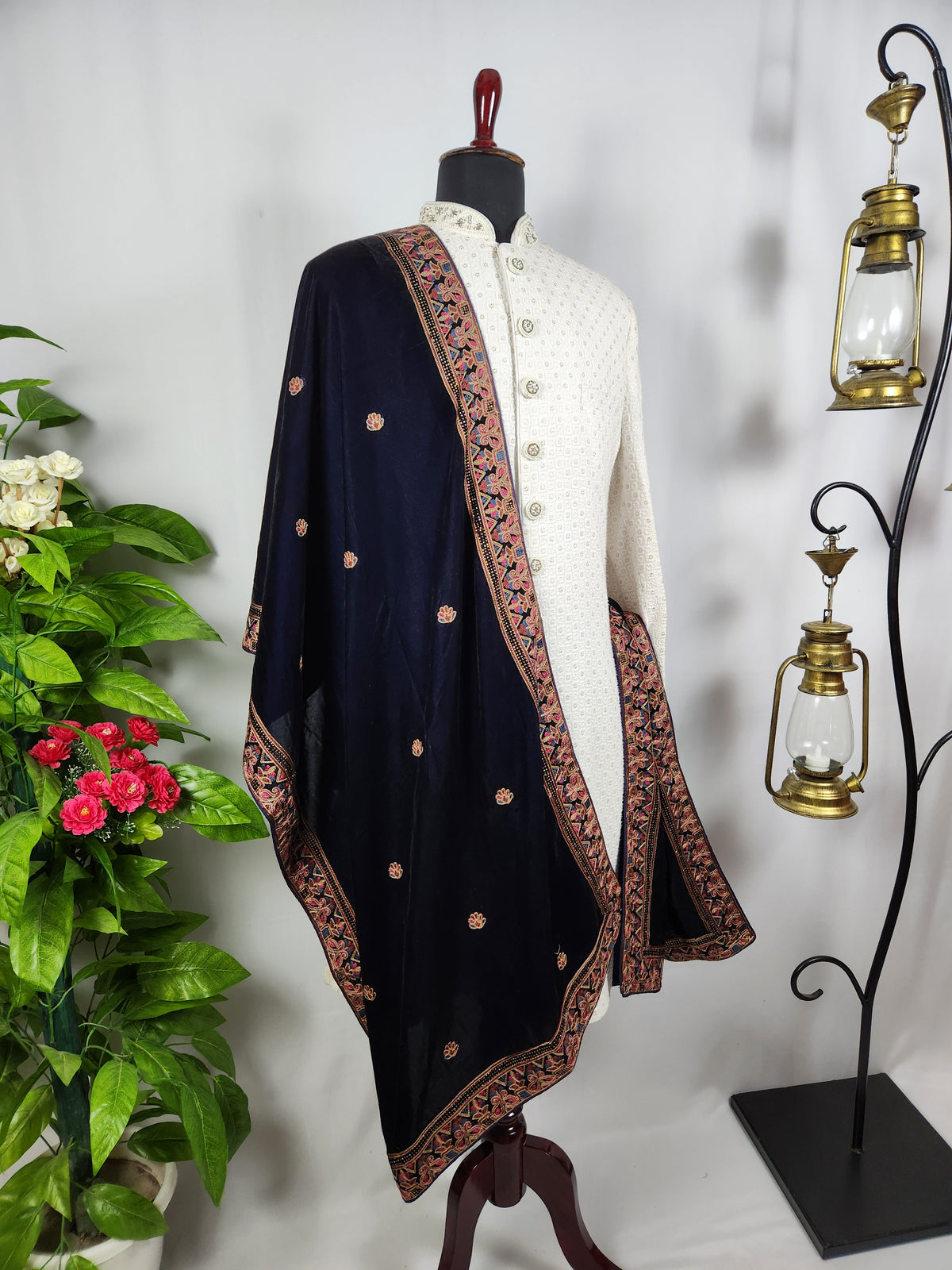 Blue Groom Stole - Multi Color Embroidery Work | Shawl For Men