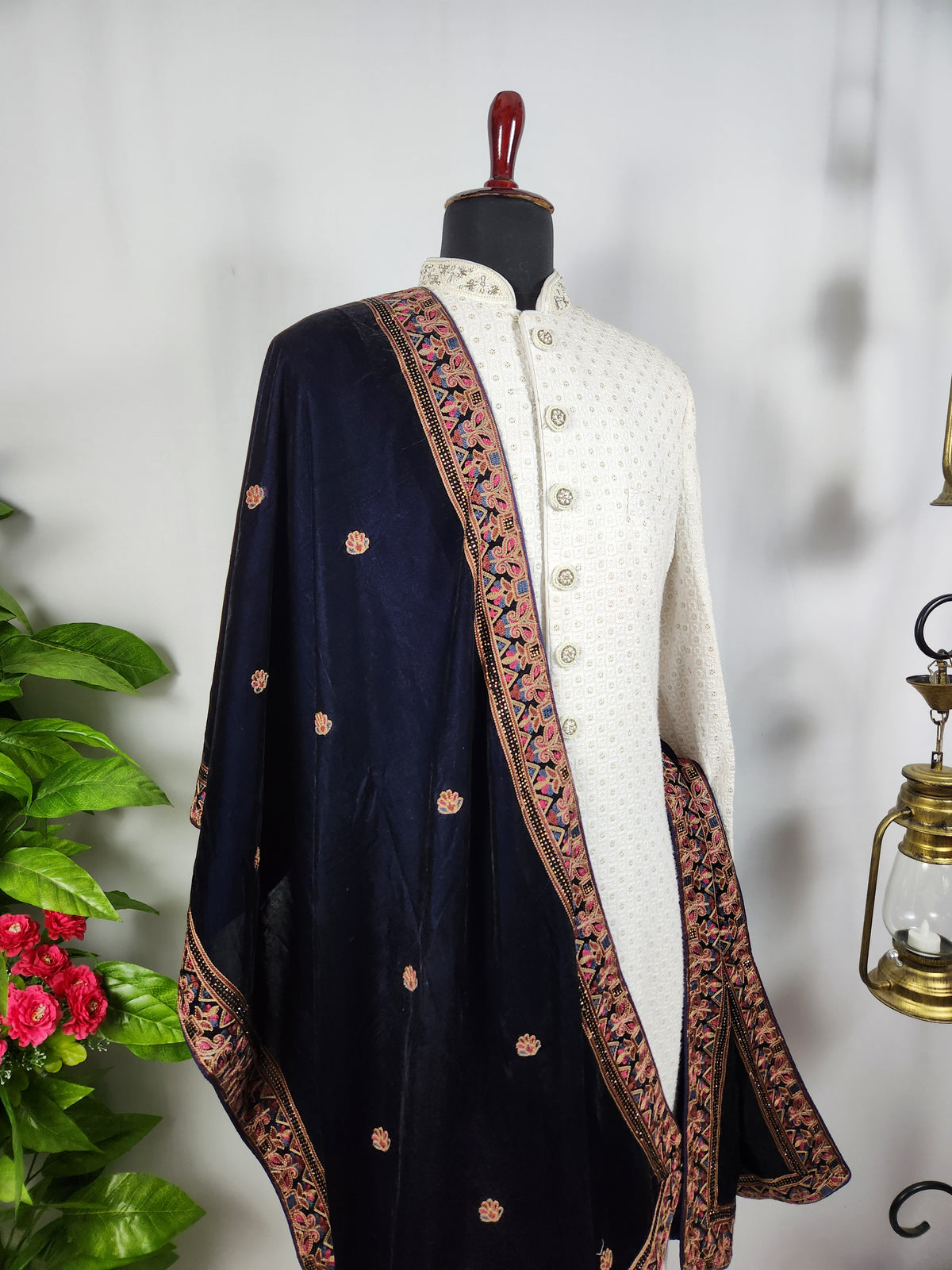 Blue Groom Stole - Multi Color Embroidery Work | Shawl For Men