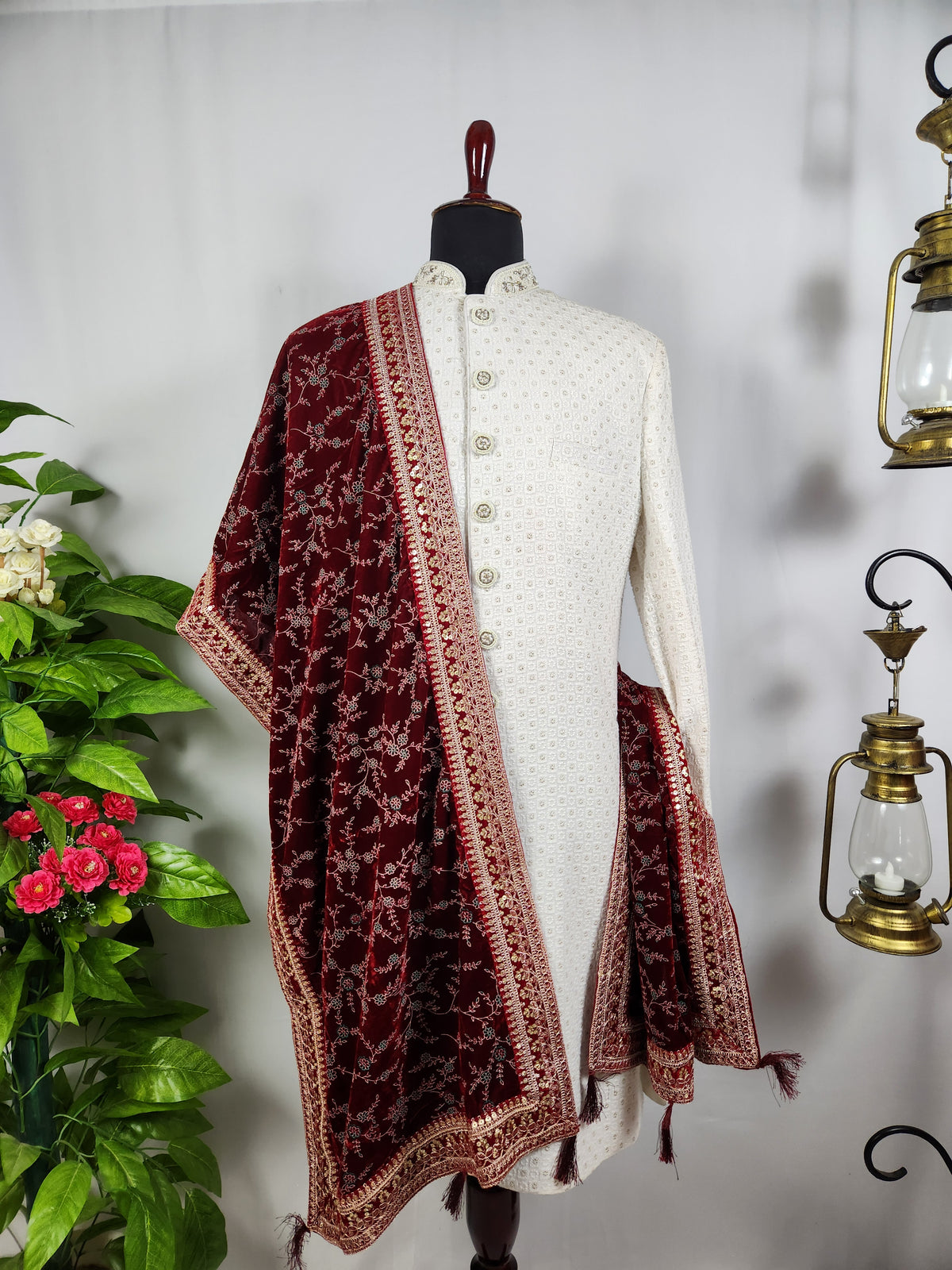 Red Groom Shawl - Multi Color Embroidery | Shawl For Men