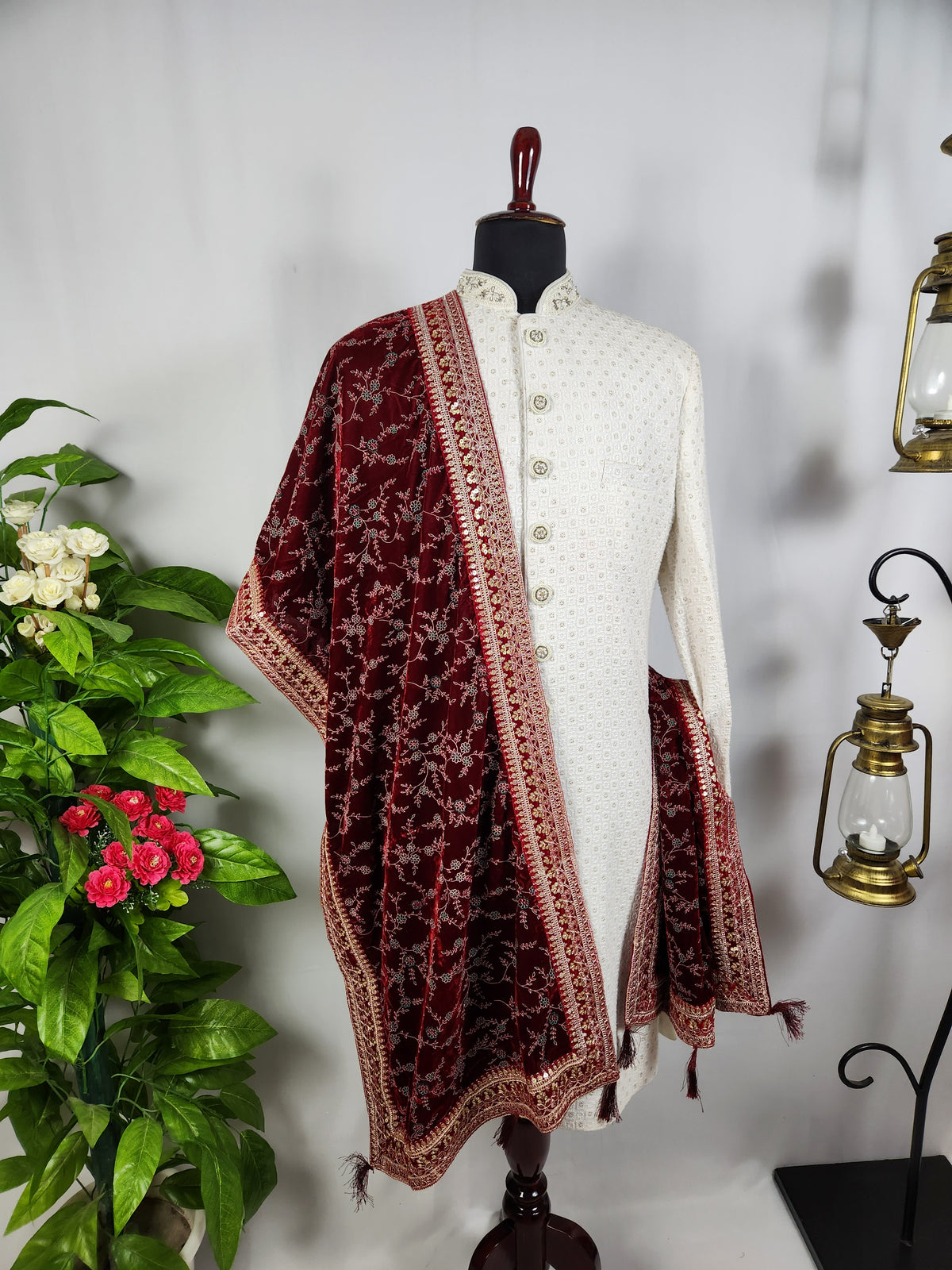 Red Groom Shawl - Multi Color Embroidery | Shawl For Men