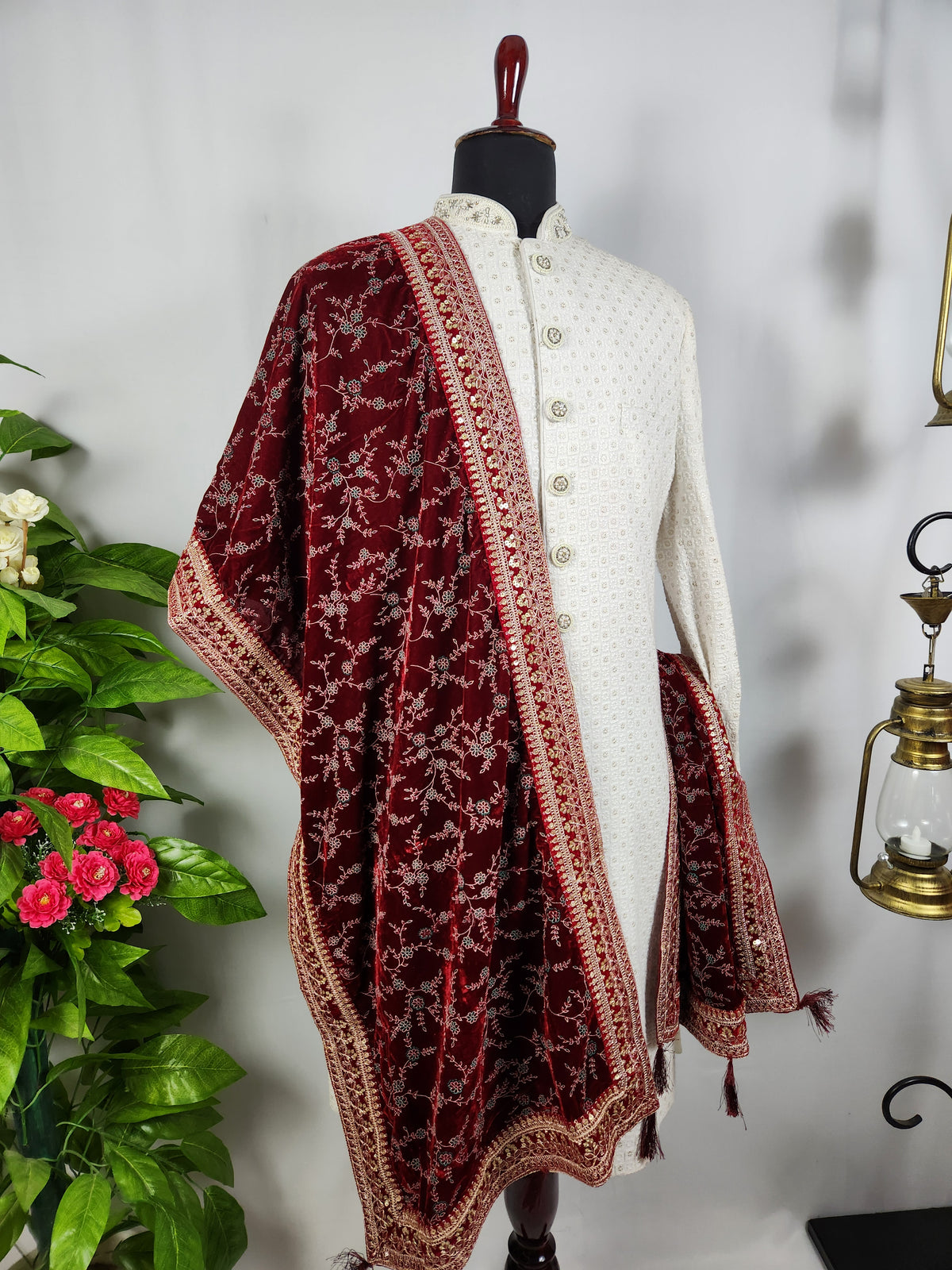 Red Groom Shawl - Multi Color Embroidery | Shawl For Men