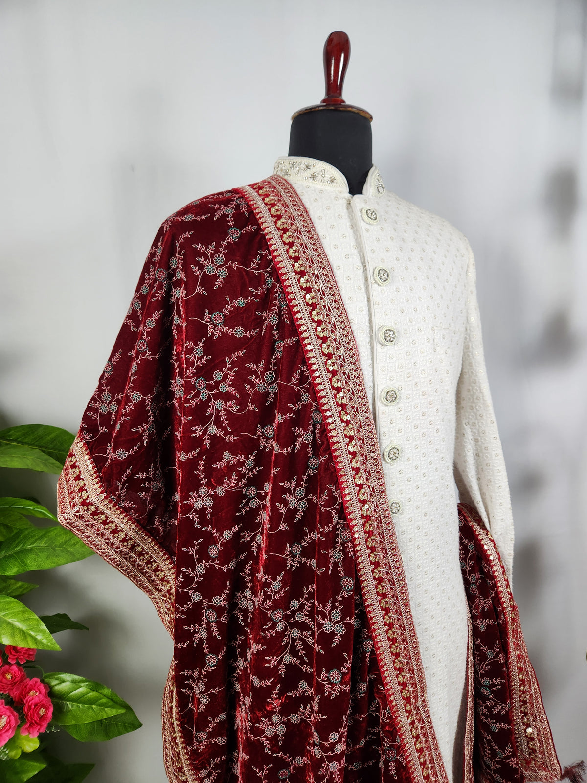 Red Groom Shawl - Multi Color Embroidery | Shawl For Men