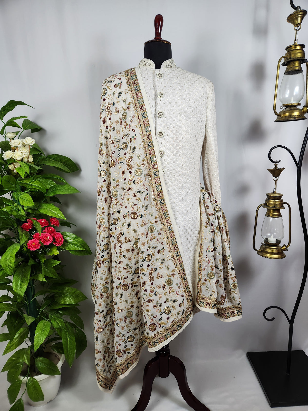 White Groom Stole - Gold Printed | Shawl For Men