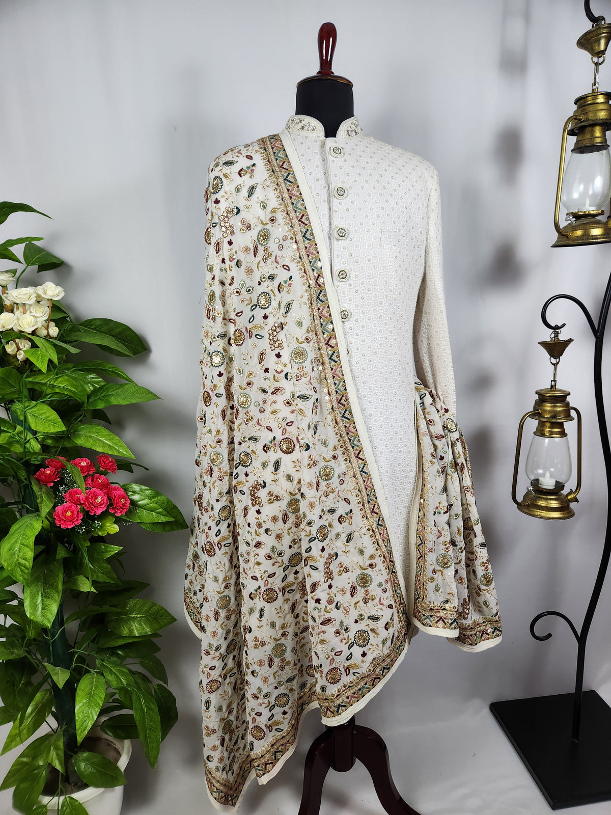 White Groom Stole - Gold Printed | Shawl For Men
