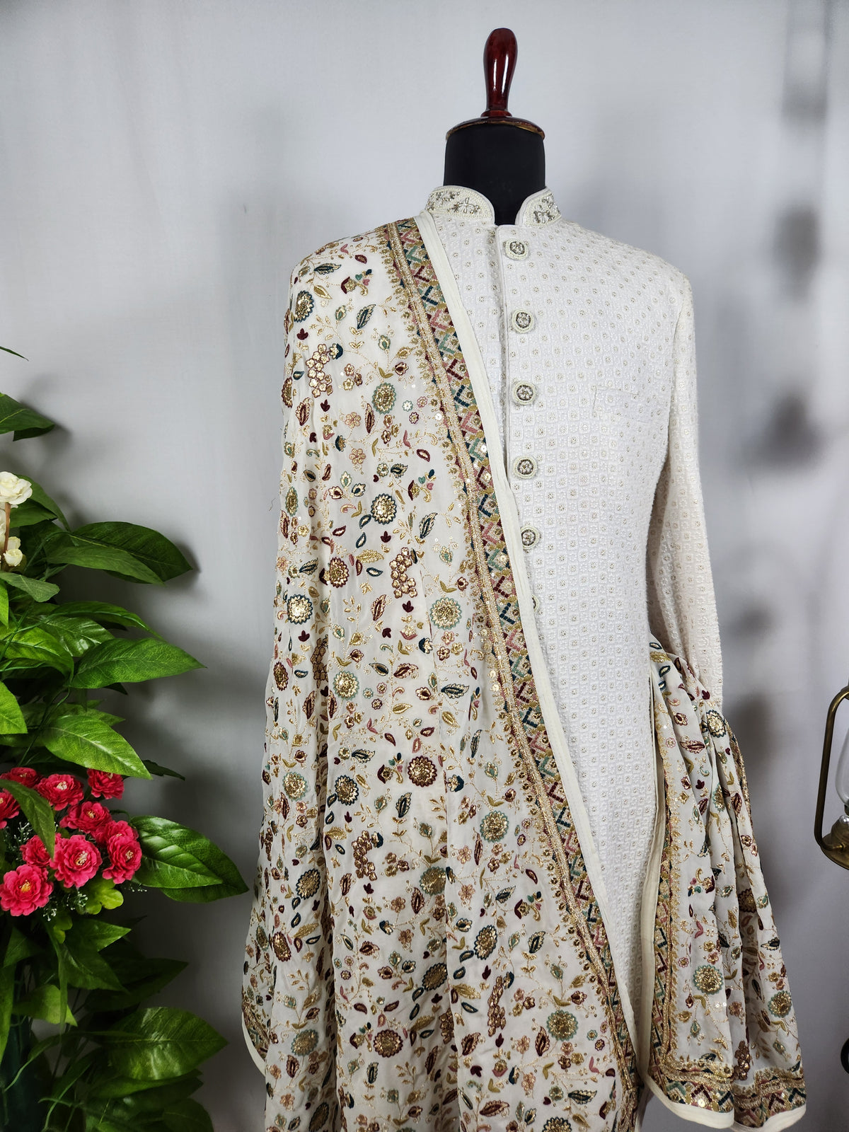 White Groom Stole - Gold Printed | Shawl For Men