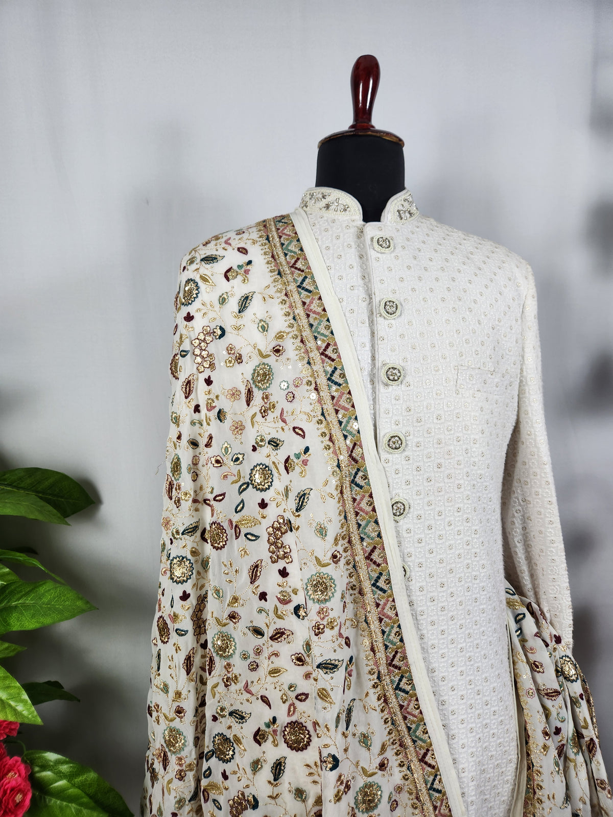 White Groom Stole - Gold Printed | Shawl For Men