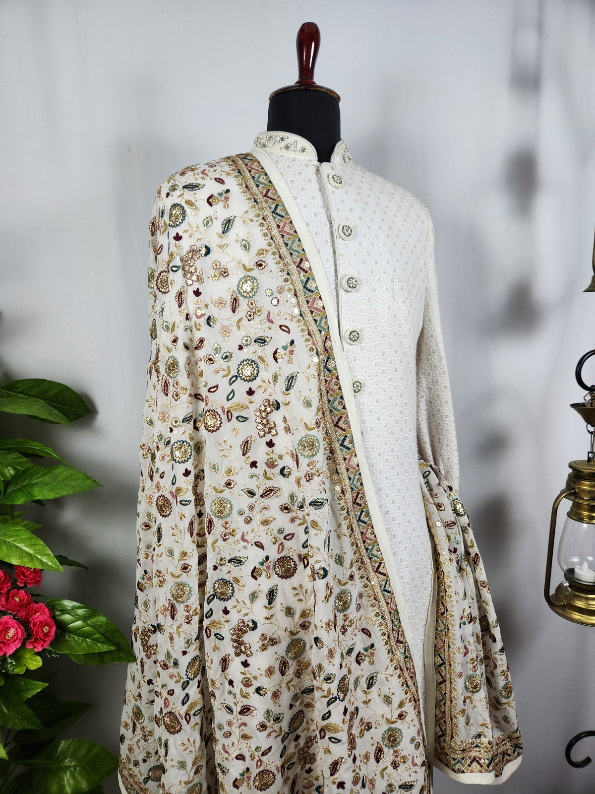 White Groom Stole - Gold Printed | Shawl For Men
