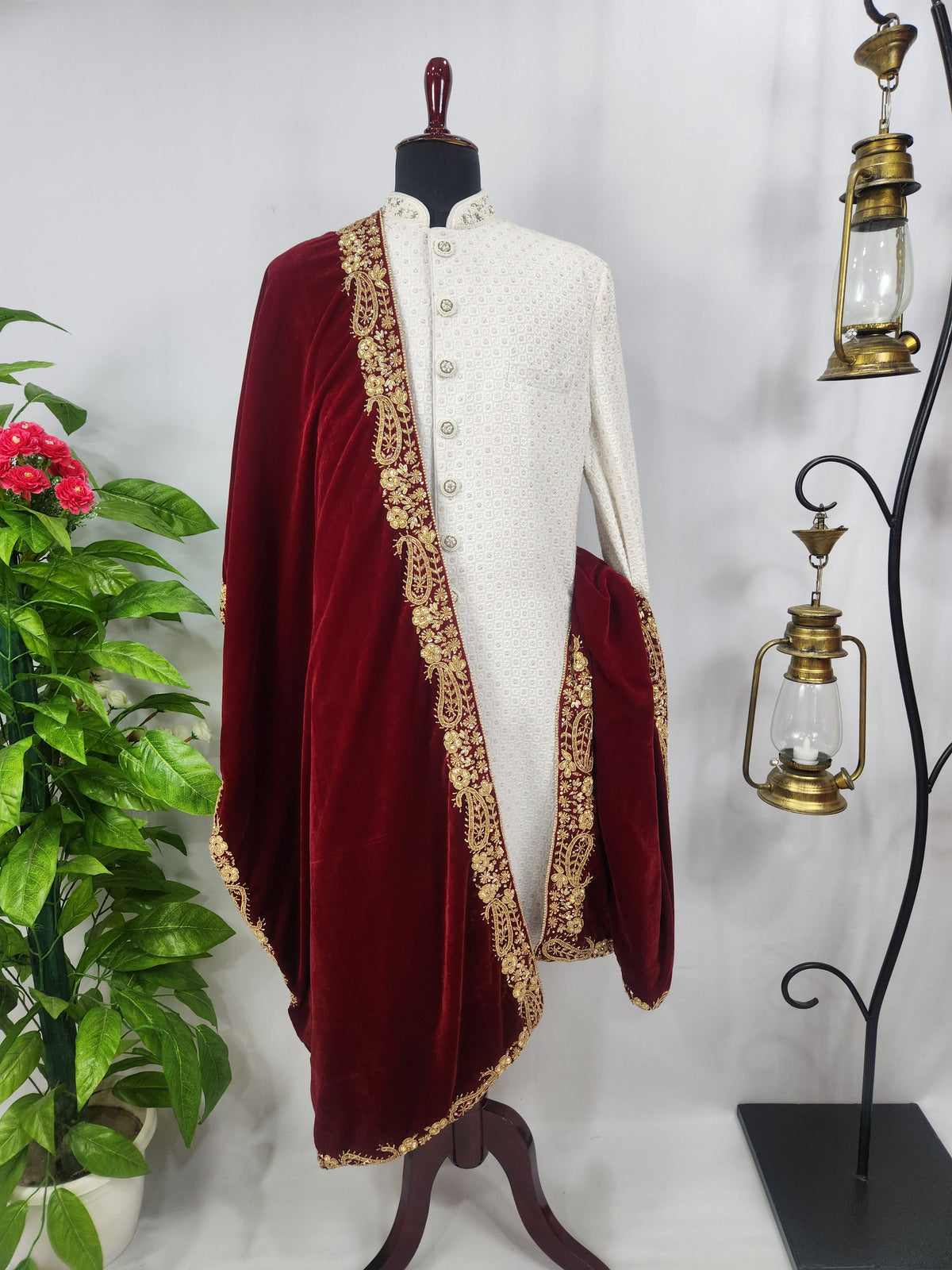 Red Groom Shawl - Zardozi Handwork | Shawl For Men