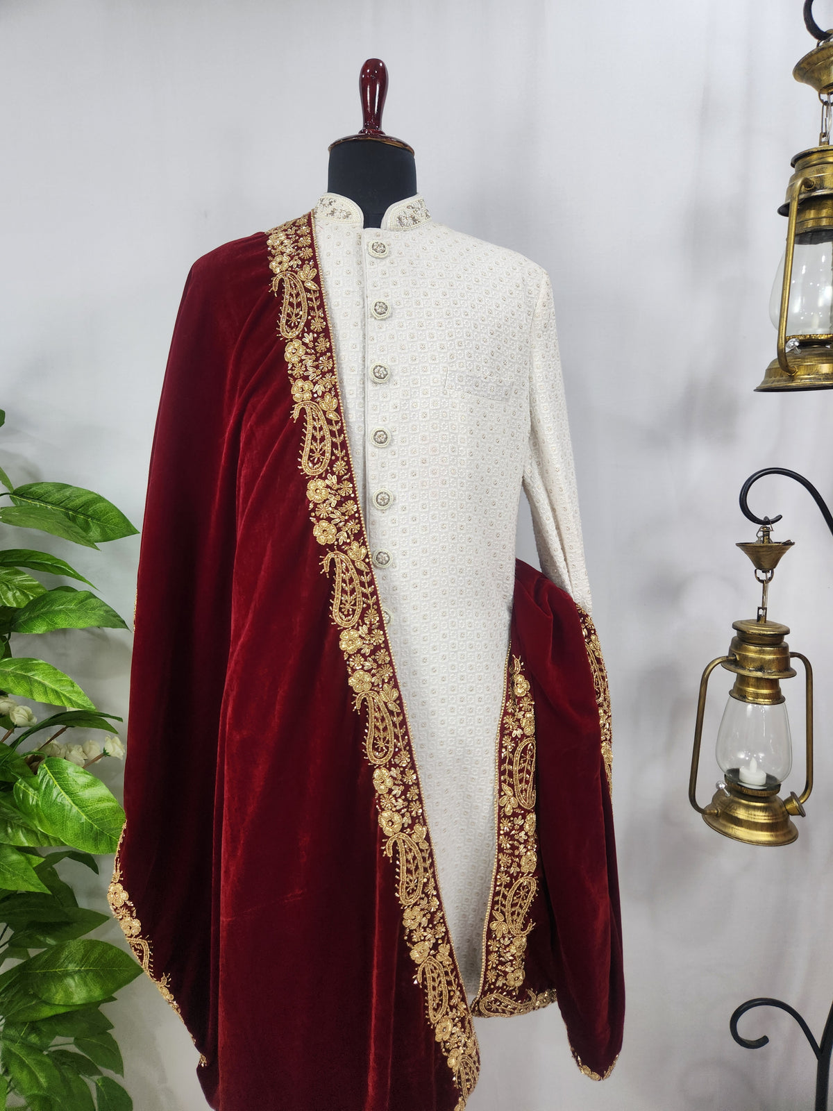 Red Groom Shawl - Zardozi Handwork | Shawl For Men