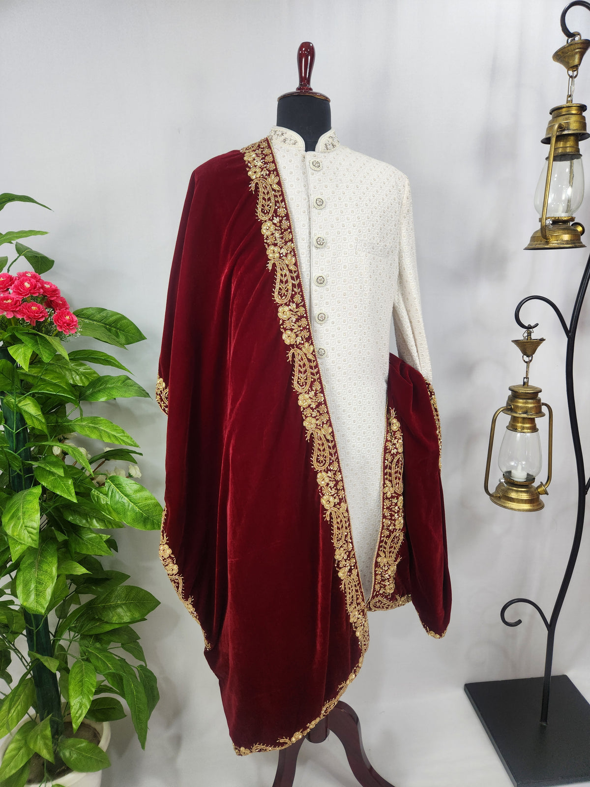 Red Groom Shawl - Zardozi Handwork | Shawl For Men