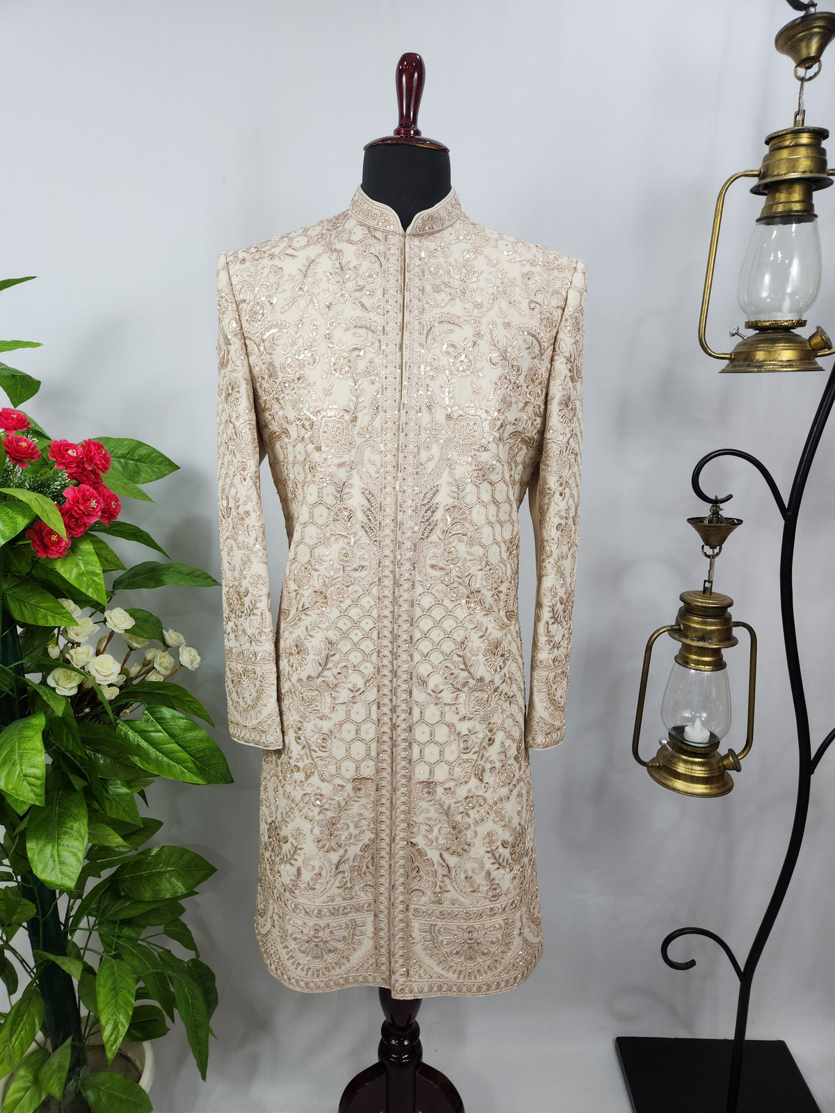 Champagne Golden Wedding Groom Sherwani - Diamond Zari Embroidery | Sherwani For Men