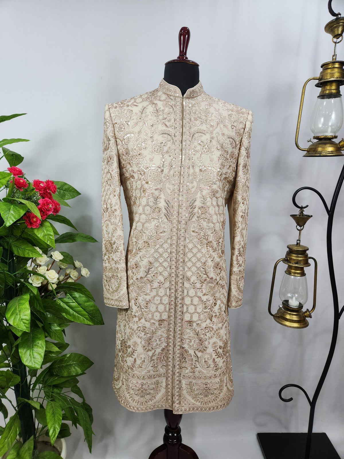 Champagne Golden Wedding Groom Sherwani - Diamond Zari Embroidery | Sherwani For Men