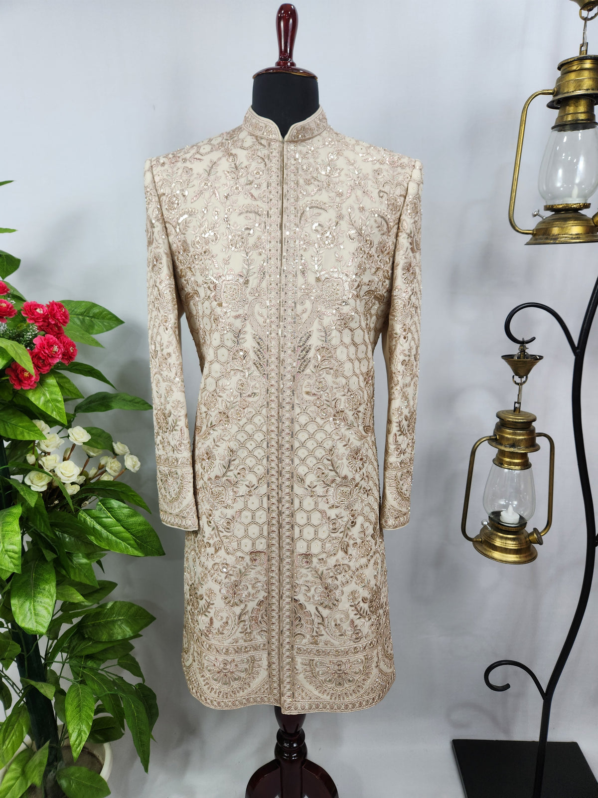 Champagne Golden Wedding Groom Sherwani - Diamond Zari Embroidery | Sherwani For Men