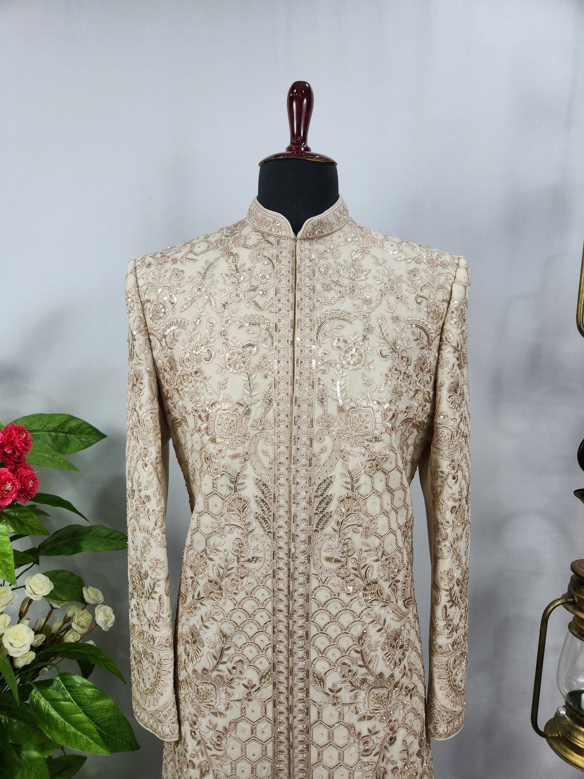 Champagne Golden Wedding Groom Sherwani - Diamond Zari Embroidery | Sherwani For Men