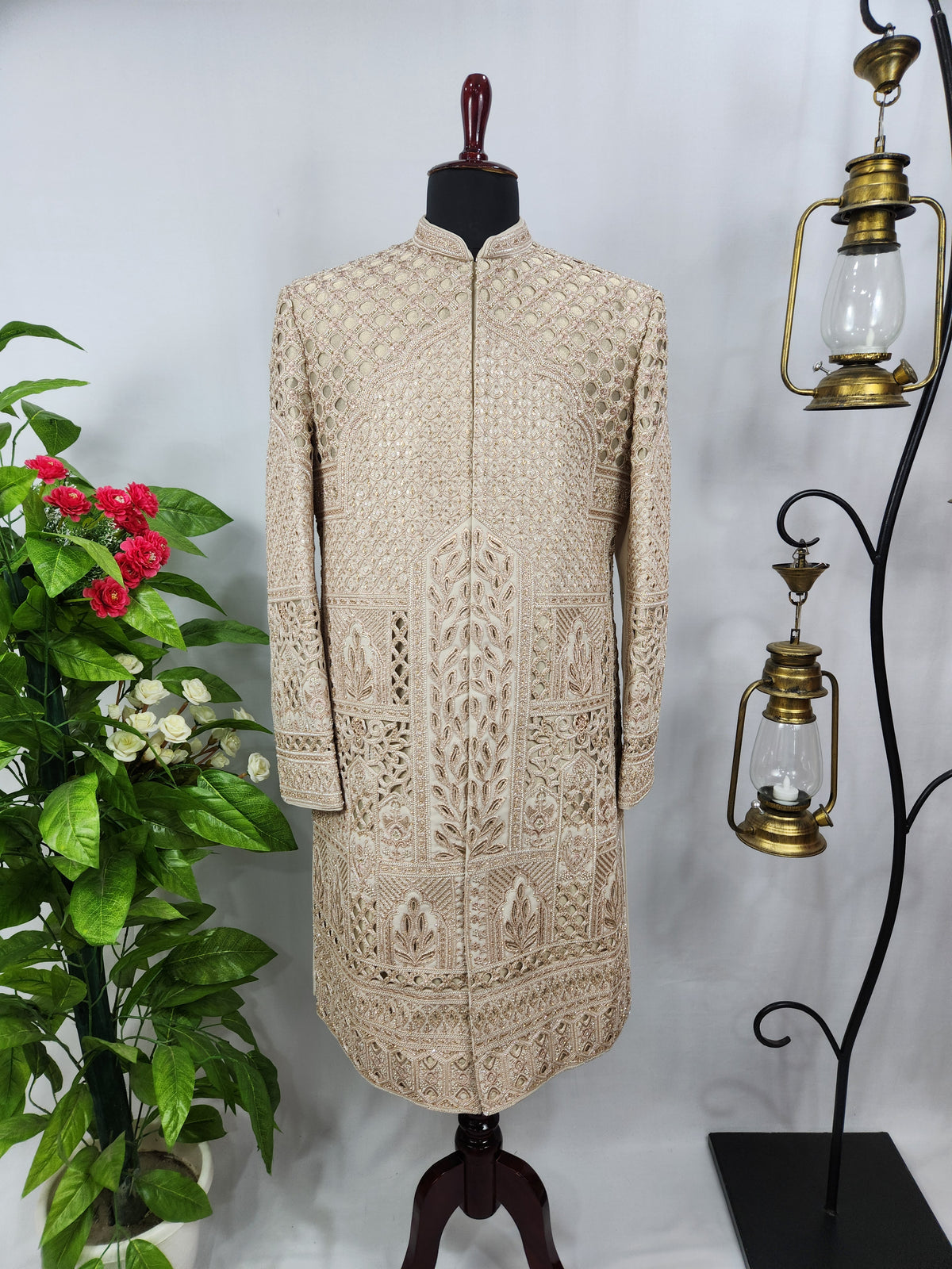 Champagne Golden Wedding Groom Sherwani - Laser Cut Design  | Sherwani For Men