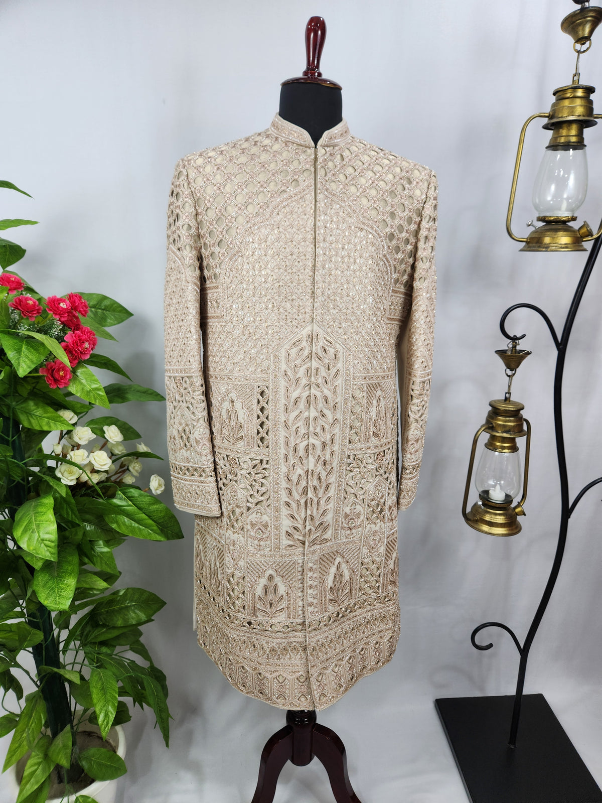 Champagne Golden Wedding Groom Sherwani - Laser Cut Design  | Sherwani For Men