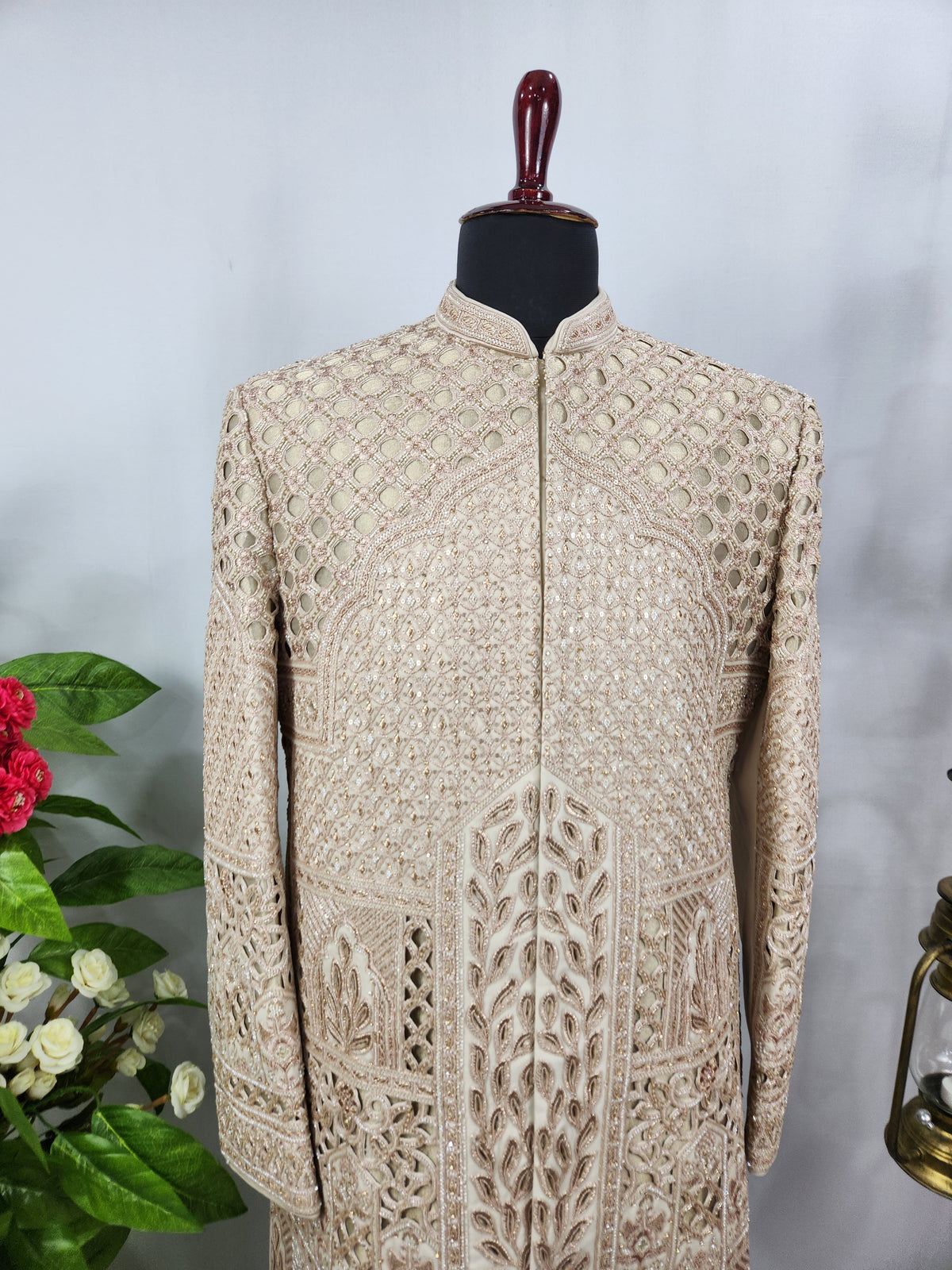 Champagne Golden Wedding Groom Sherwani - Laser Cut Design  | Sherwani For Men