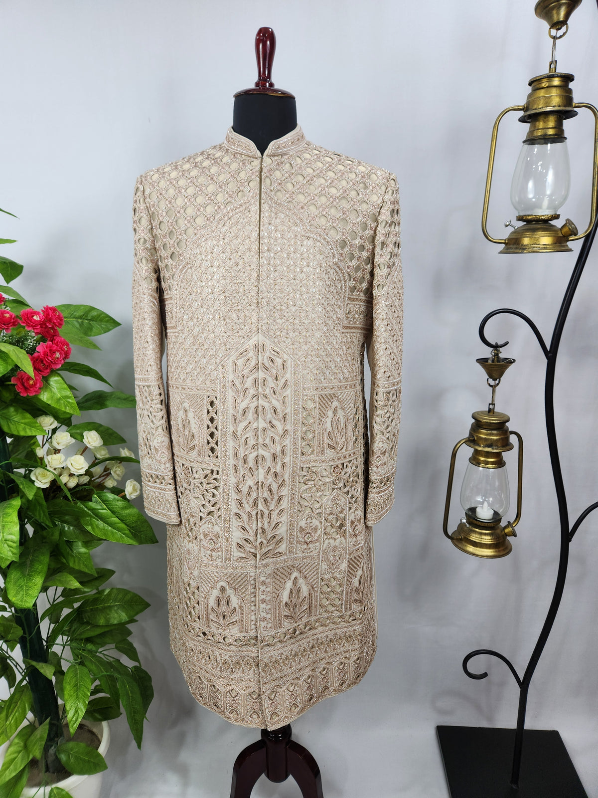 Champagne Golden Wedding Groom Sherwani - Laser Cut Design  | Sherwani For Men