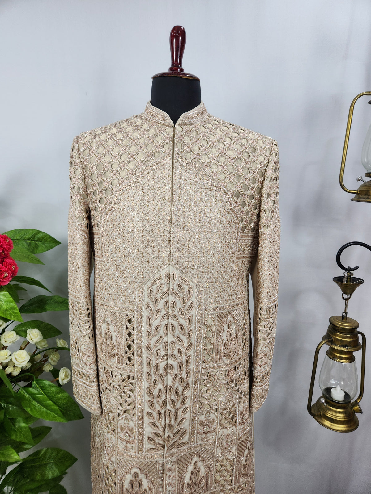 Champagne Golden Wedding Groom Sherwani - Laser Cut Design  | Sherwani For Men