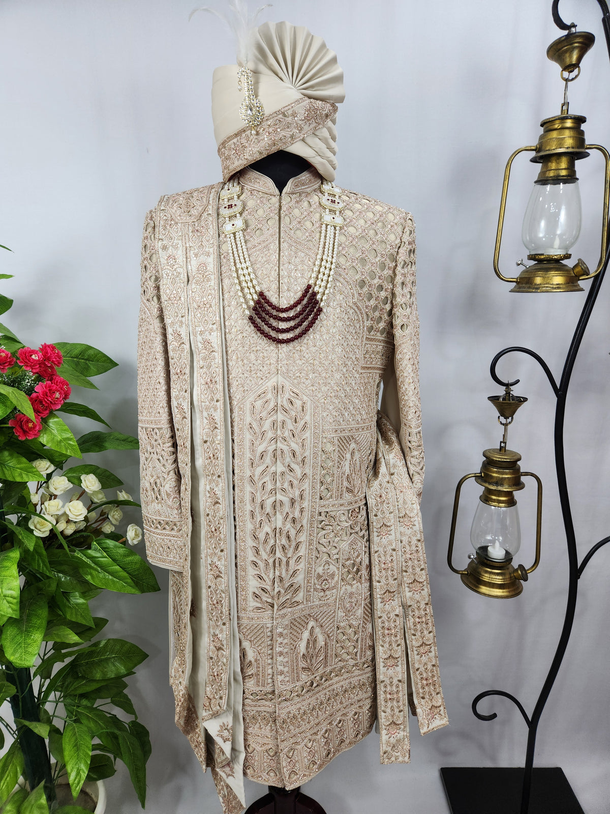 Champagne Golden Wedding Groom Sherwani - Laser Cut Design  | Sherwani For Men